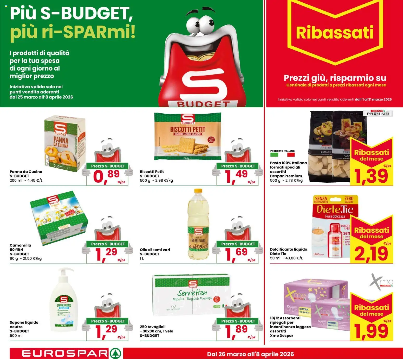 Volantino Eurospar del 26.03.2026 | Pagina: 22 | Prodotti: Panna, Biscotti, Olio, Pasta
