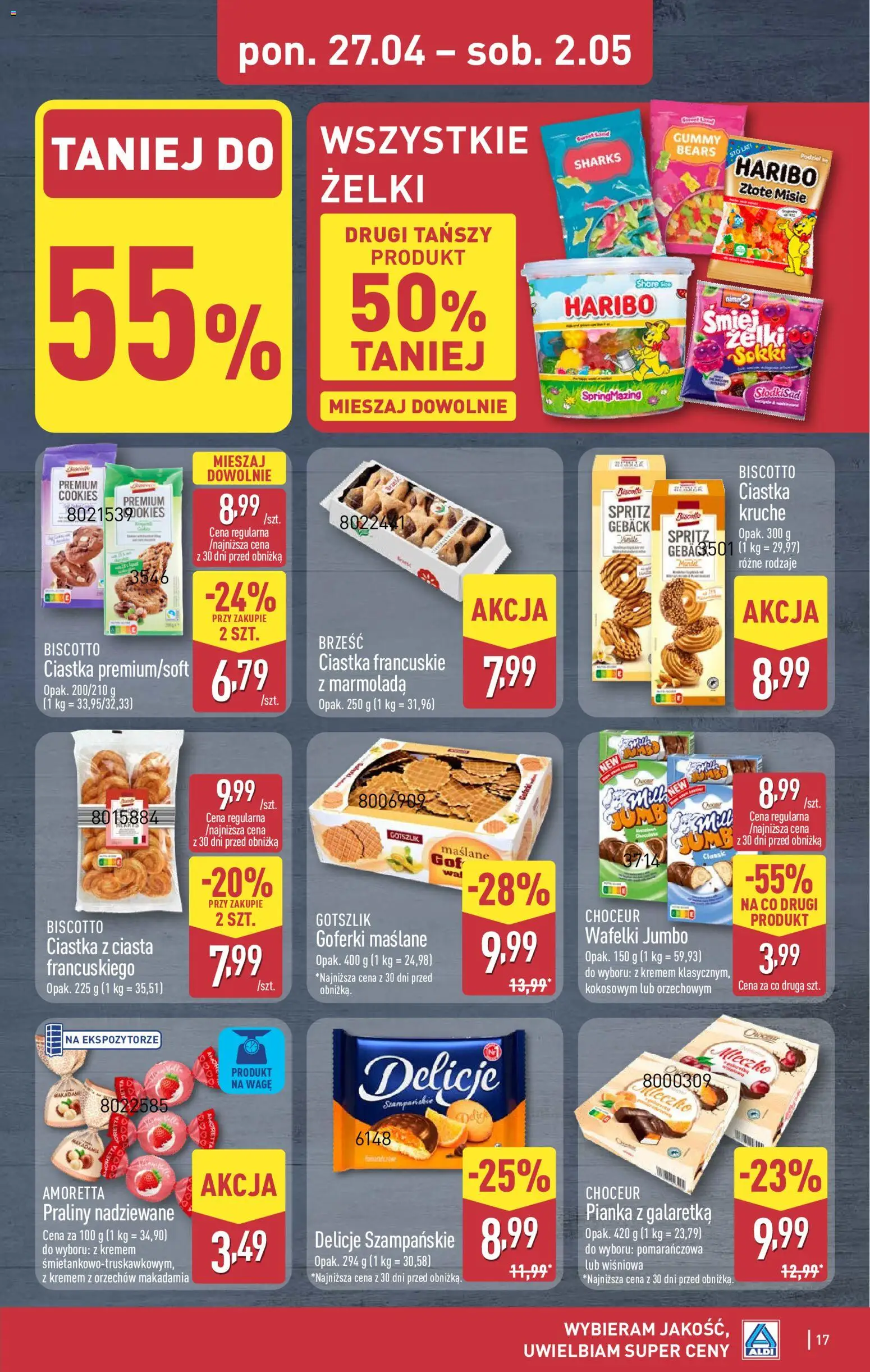 Aldi gazetka od 27.04.2026 | Strona: 17 | Produkty: Praliny, Wafelki, Żelki, Ciastka