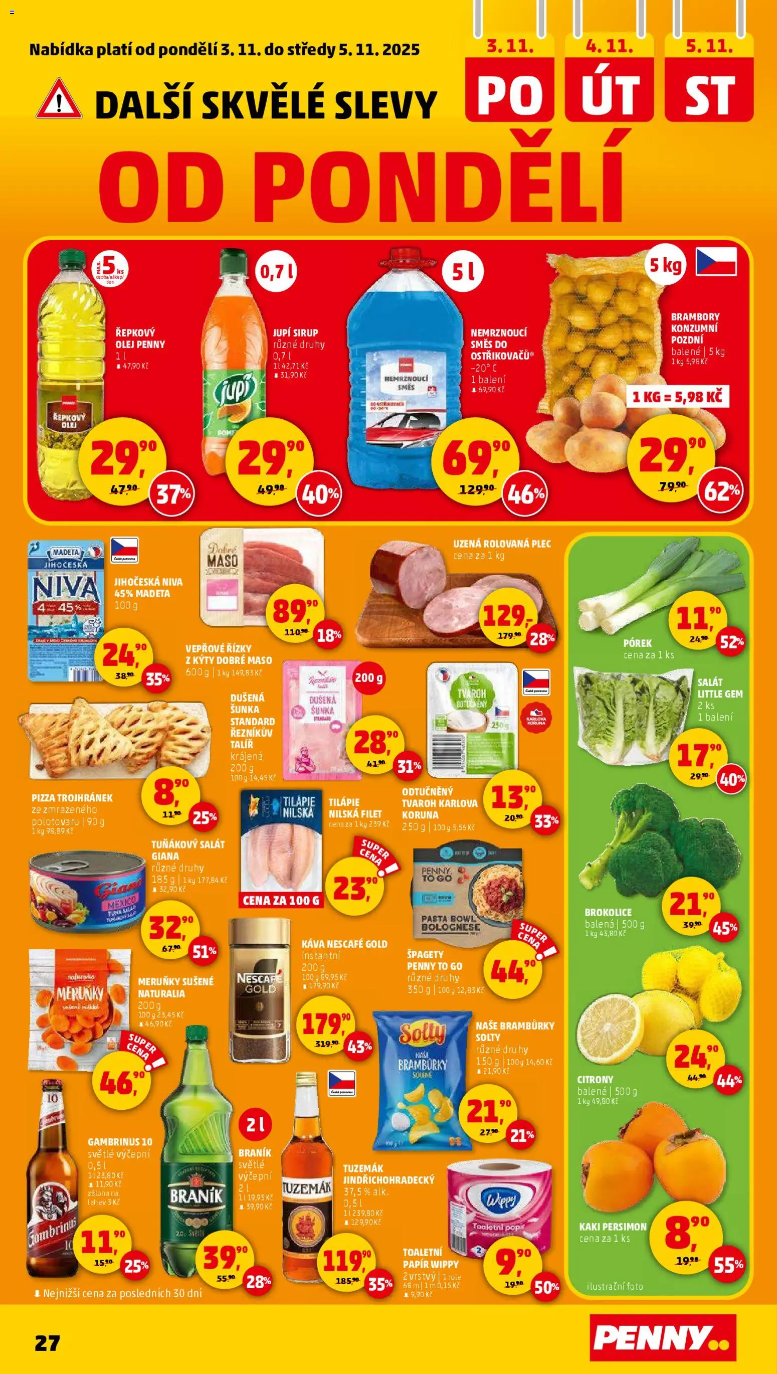 Penny Market leták - Čtvrtečník od 30.10.2025 | Strana: 27 | Produkty: Šunka, Salát, Tilapie, Gambrinus
