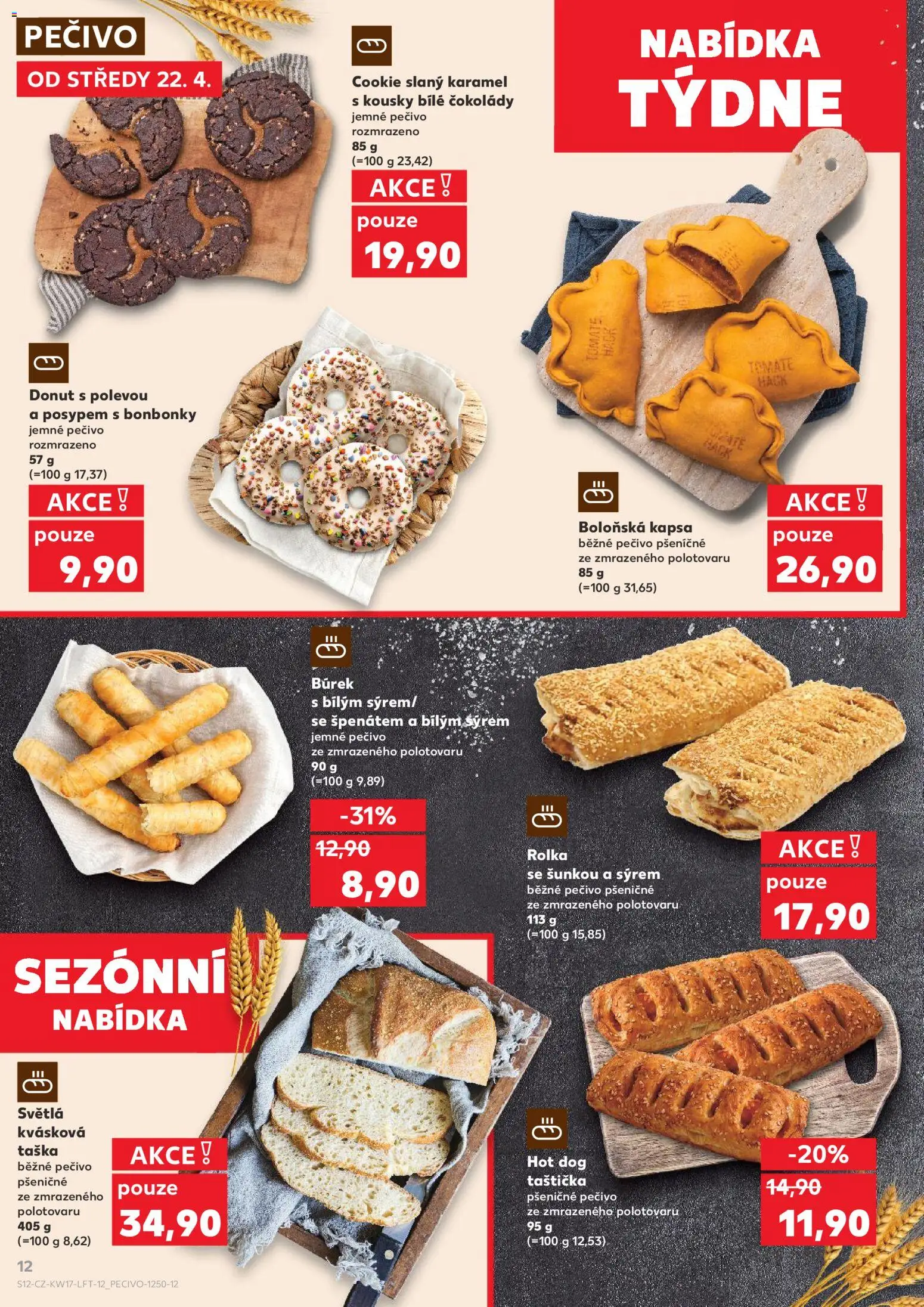 Kaufland leták - Brno od 22.04.2026 | Strana: 12 | Produkty: Slaný karamel, Donut, Pečivo, Burek