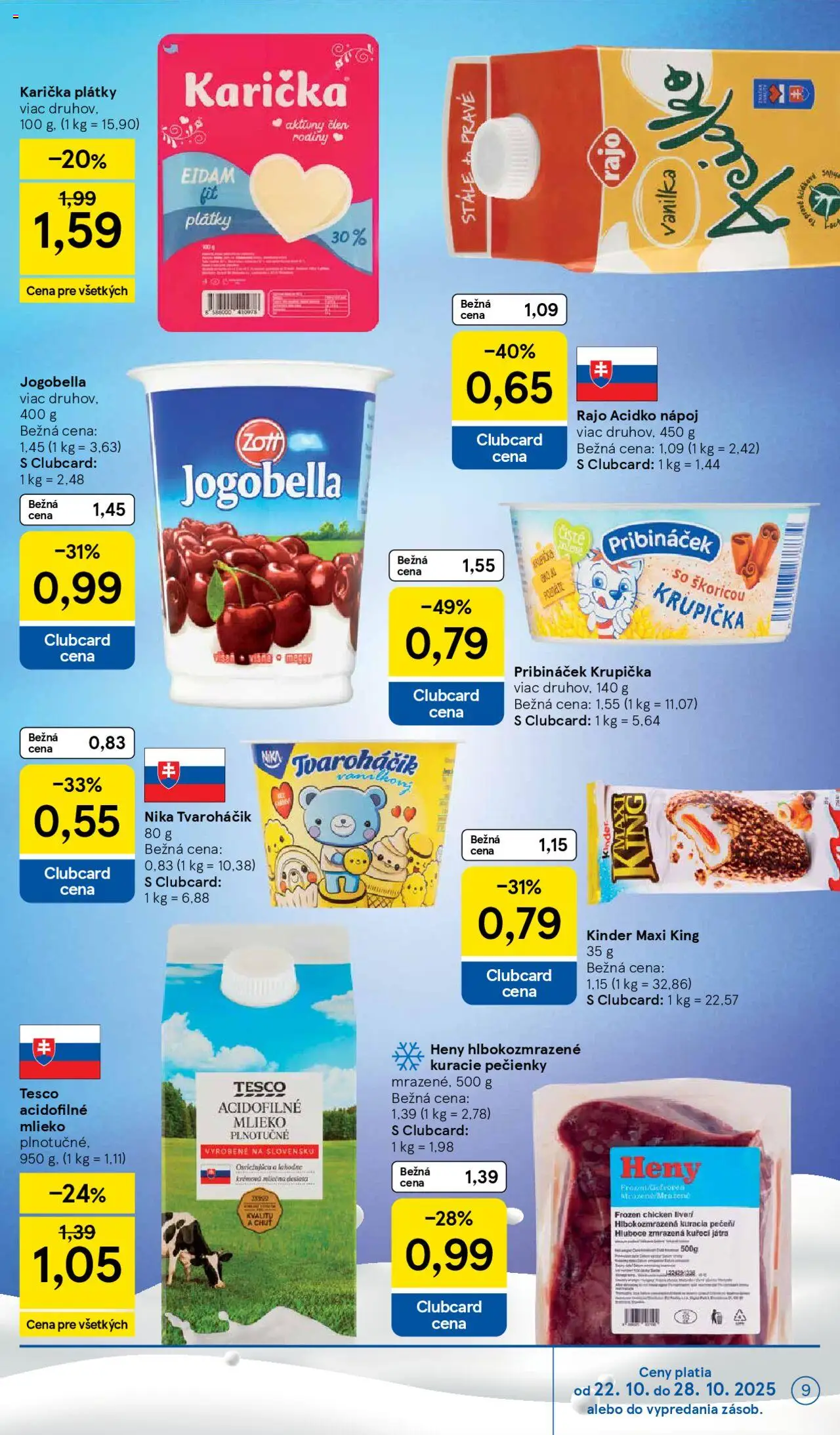 Nové Tesco akcie – leták je platný od 22.10.2025 | Strana: 9 | Produkty: Mlieko, Eidam, Kinder, Acidko