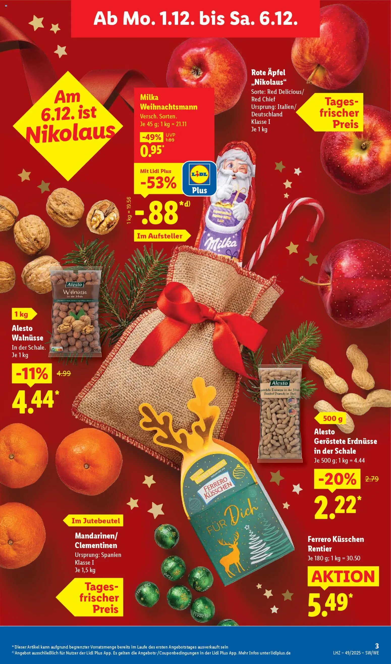 Lidl Prospekt Gladenbach – gültig ab 01.12.2025 | Seite: 3 | Produkte: Erdnüsse, Walnüsse, Äpfel, Milka