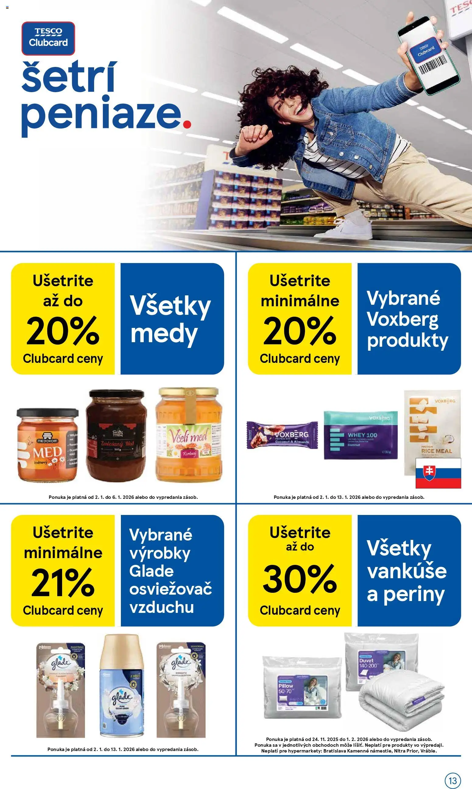 Nové Tesco akcie – leták je platný od 02.01.2026 | Strana: 13 | Produkty: Vankúše, Protein, Med