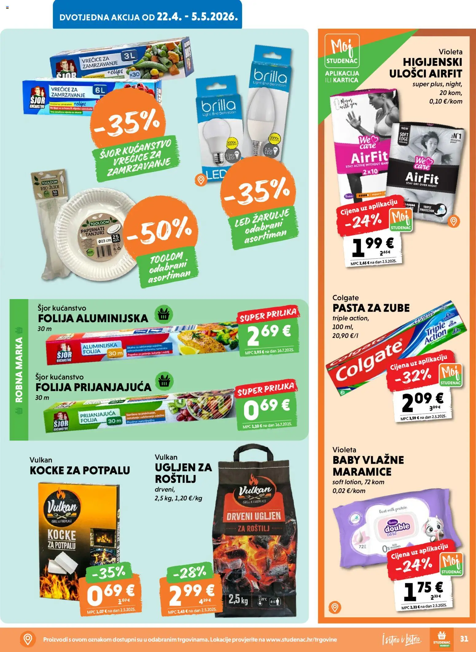 Studenac katalog | vrijedi od 22.04.2026 | Stranica: 31 | Proizvodi: Vrećice za zamrzavanje, Pasta, Violeta, Tanjuri