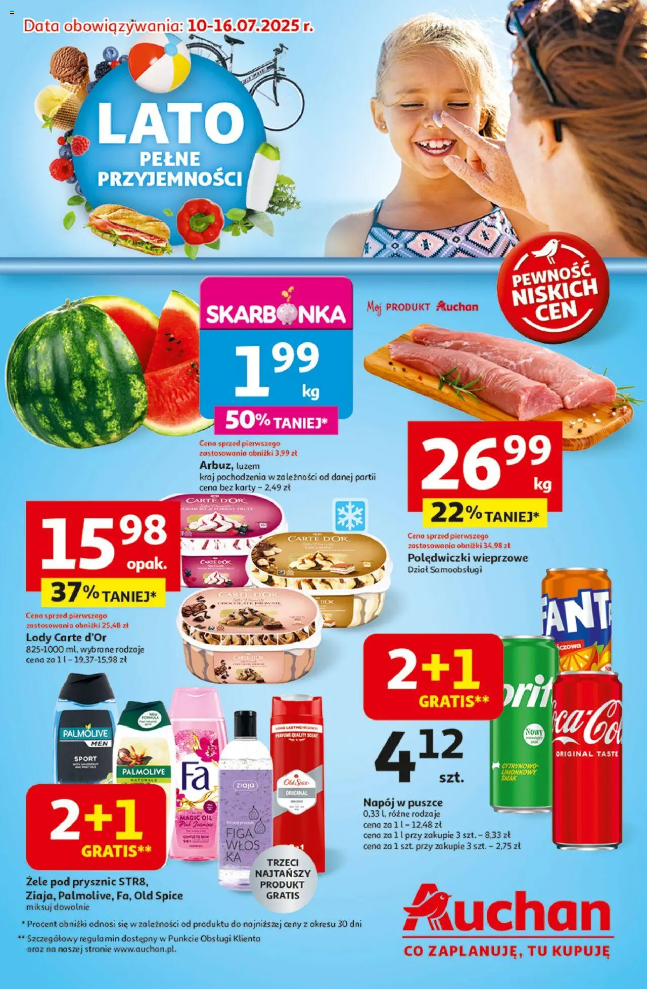Auchan Gazetka - Lato Pełne Przyjemności Hipermarket od 10.07.2025 | Strona: 1 | Produkty: Polędwiczki wieprzowe, Prysznic, Lody, Old spice