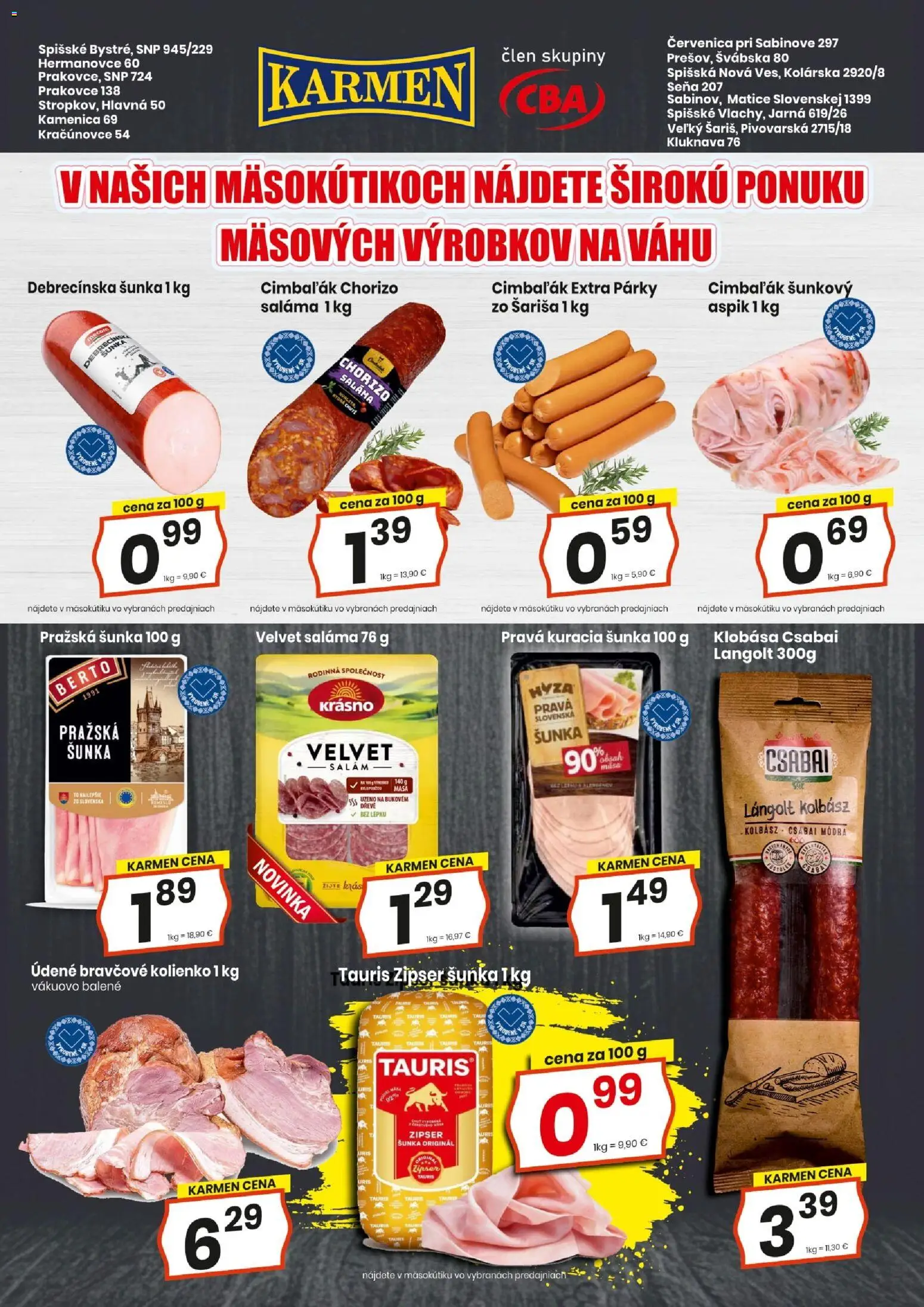Nové KARMEN CBA akcie – leták je platný od 01.12.2025 | Strana: 12 | Produkty: Saláma, Šunka, Klobása, Párky