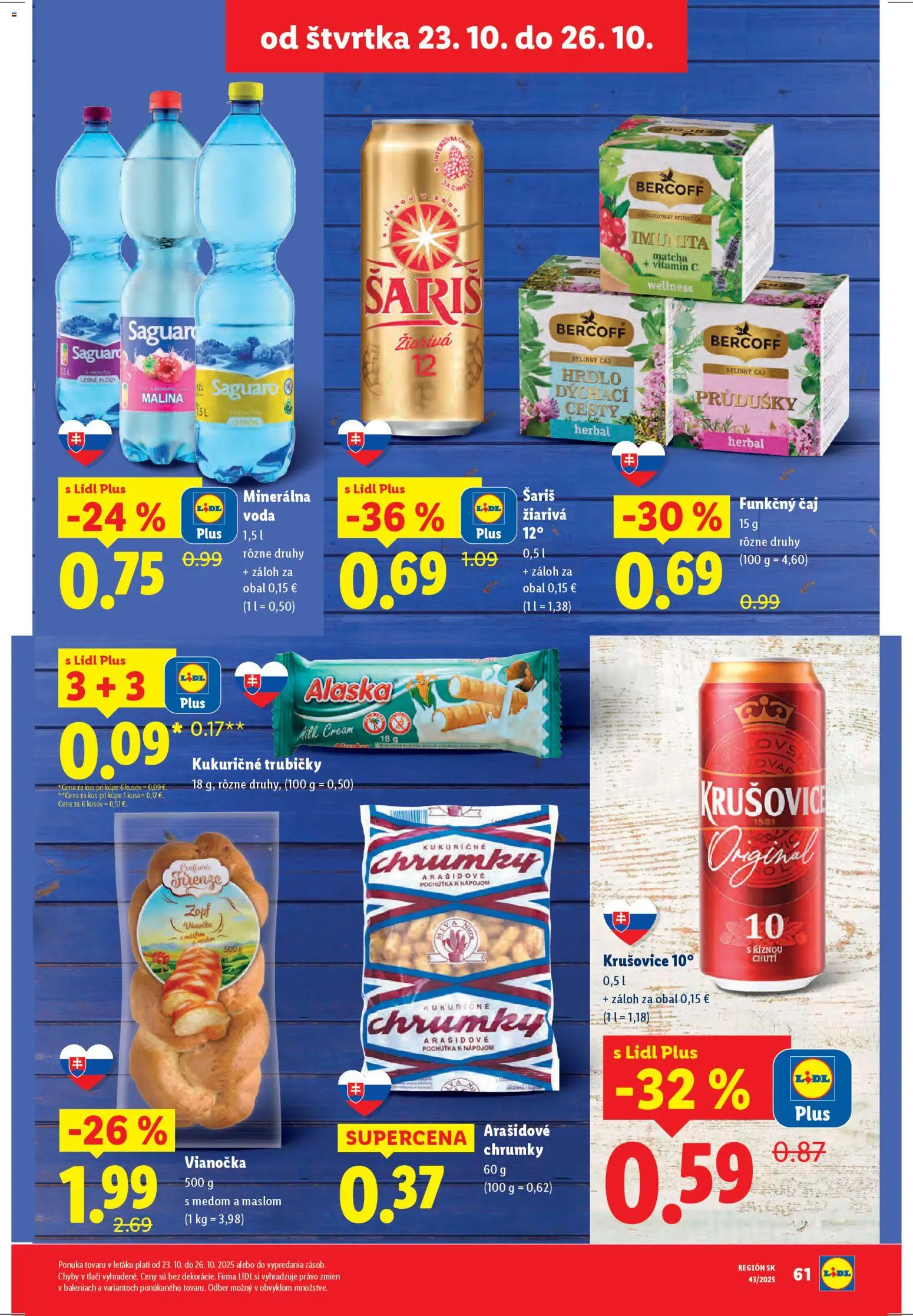 Nové Lidl akcie – leták je platný od 23.10.2025 | Strana: 19 | Produkty: Čaj, Krušovice, Šariš, Minerálna voda