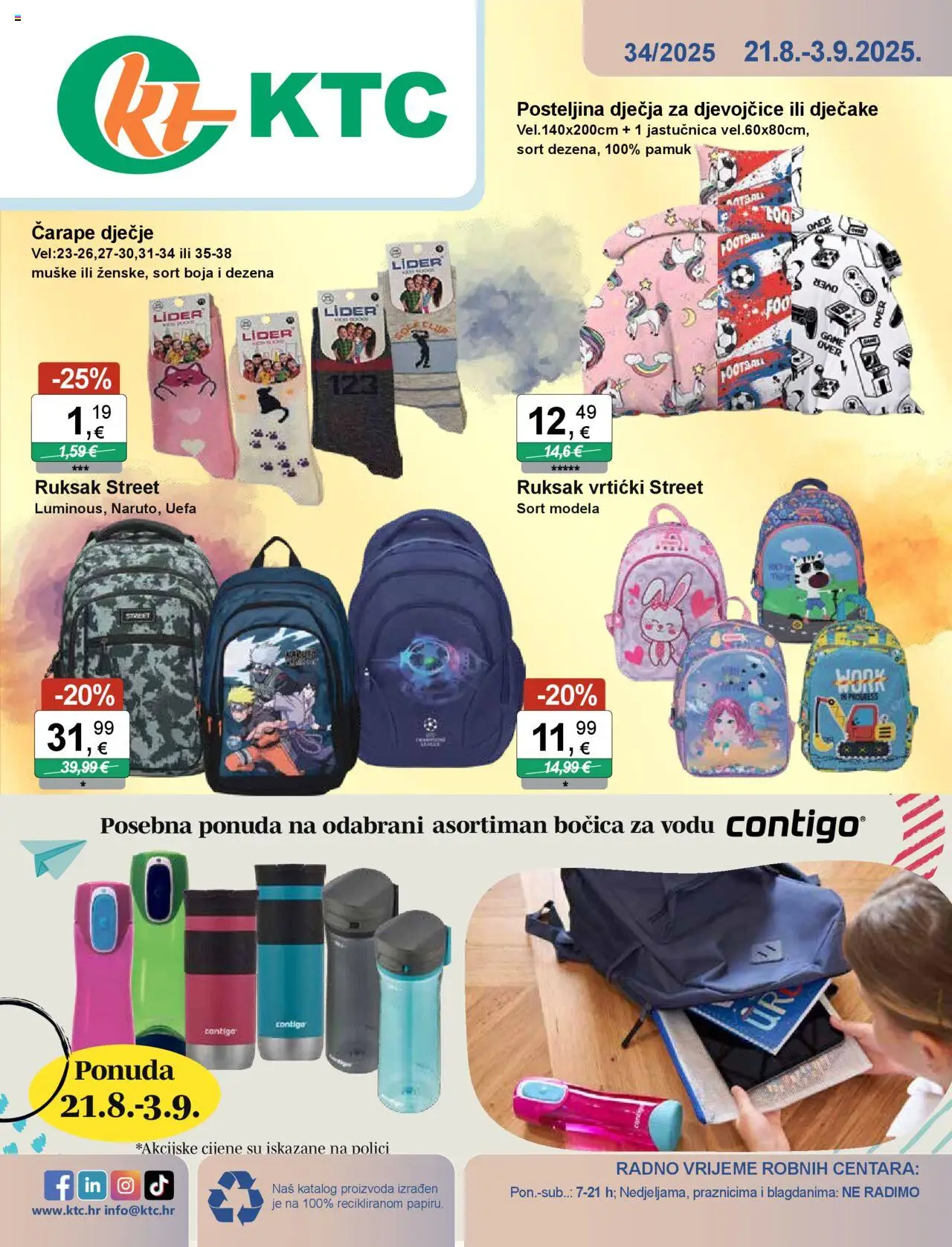 KTC katalog | vrijedi od 21.08.2025 | Stranica: 1 | Proizvodi: Jastučnica, Čarape, Posteljina, Ruksak