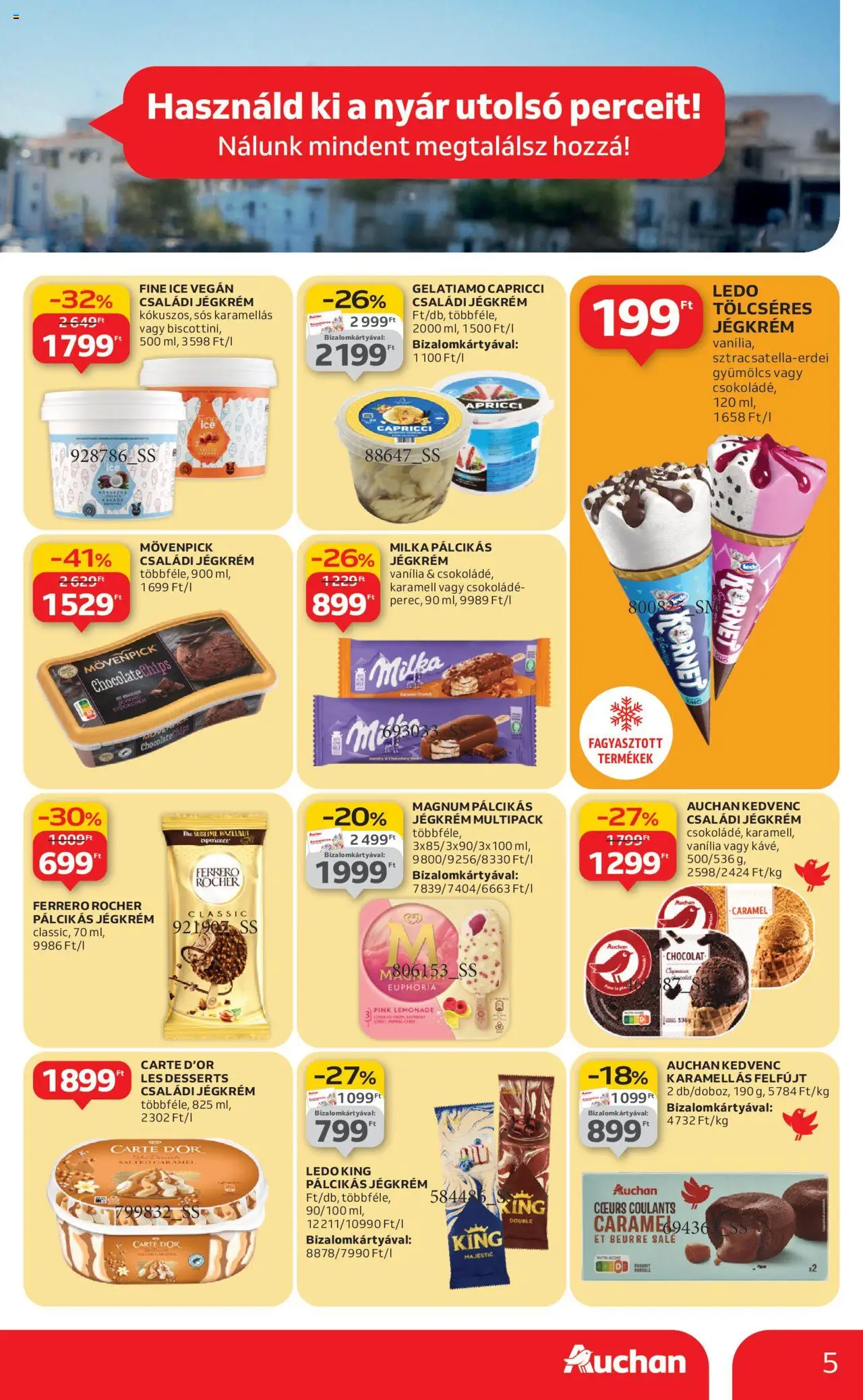 Auchan akciós ujság - amely érvényes a következő dátumtól: 21.08.2025 | Oldal: 5 | Termékek: Gyümölcs, Ferrero rocher, Jégkrém, Pálcikás jégkrém