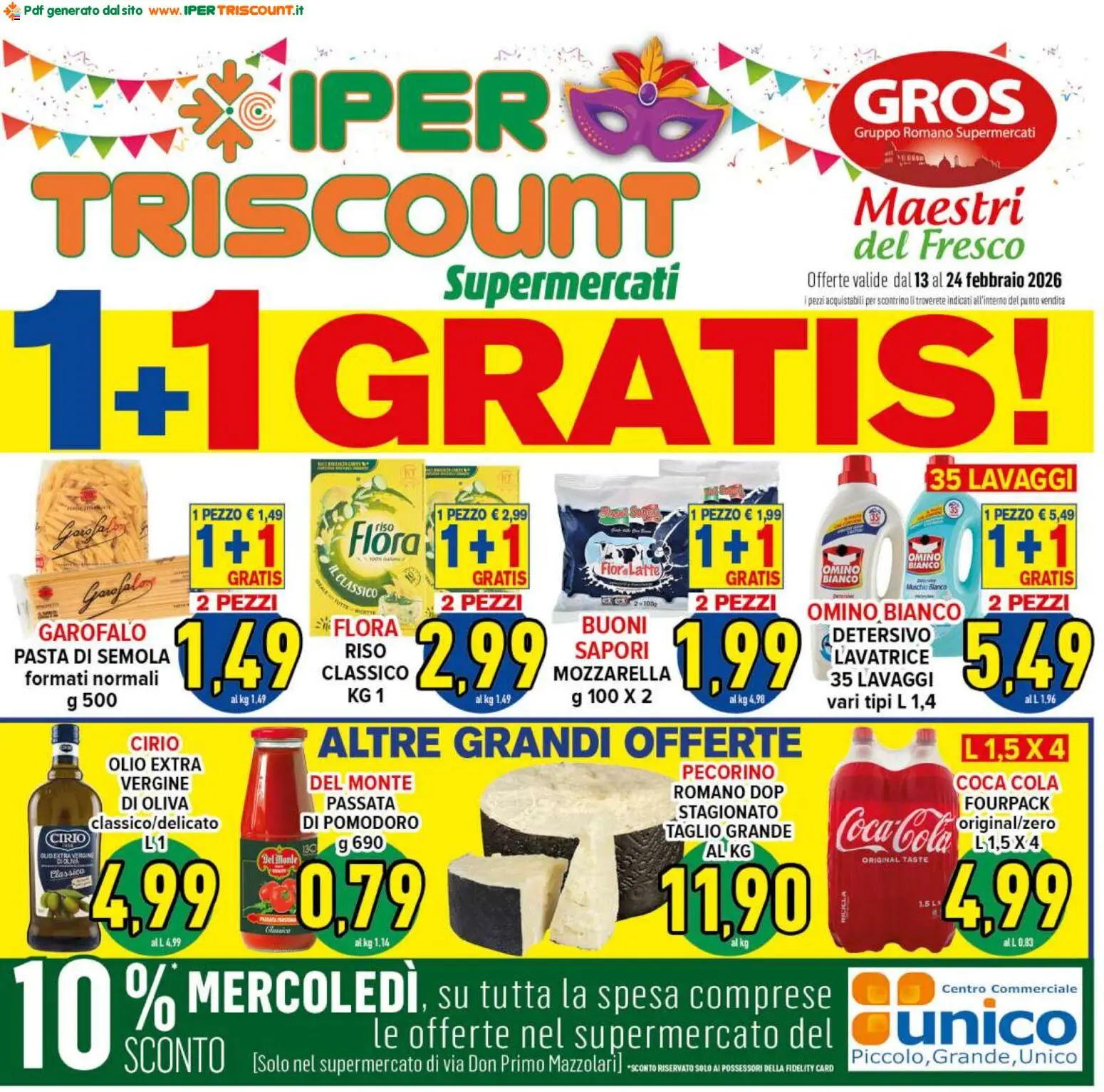 Volantino Ipertriscount del 13.02.2026 | Pagina: 1 | Prodotti: Latte, Lavatrice, Pecorino, Coca Cola