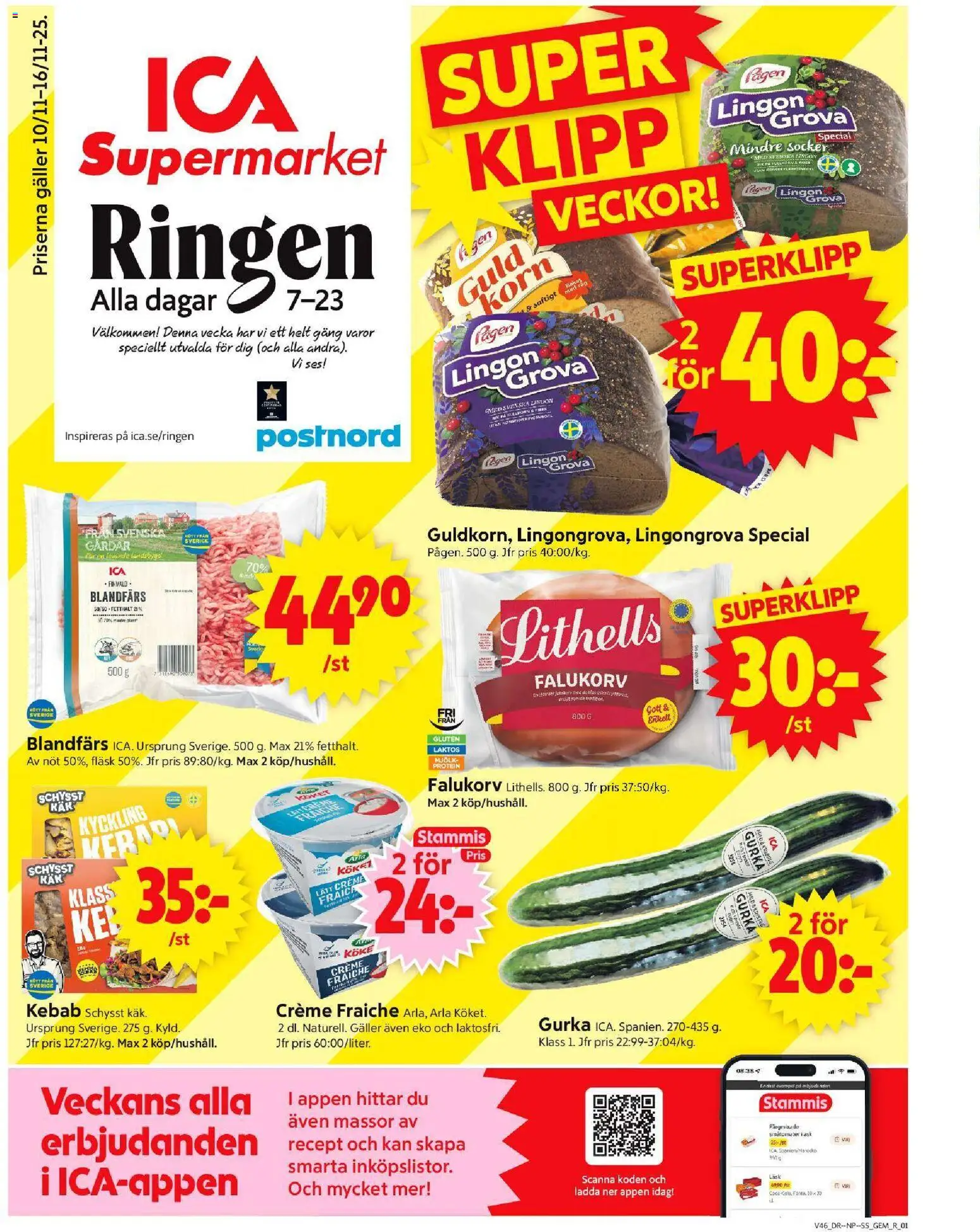ICA Supermarket reklamblad aktuell från 10.11.2025 | Sida: 1 | Produkter: Gem, Lingongrova, Falukorv, Mjölk