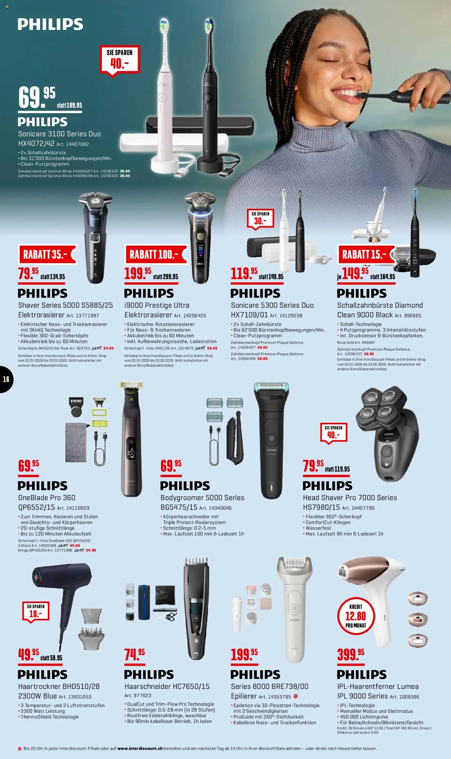 Interdiscount aktionen 20% Rabatt – gültig ab 27.04.2026 | Seite: 16 | Produkte: Haartrockner, Uhr, Philips, Epilierer