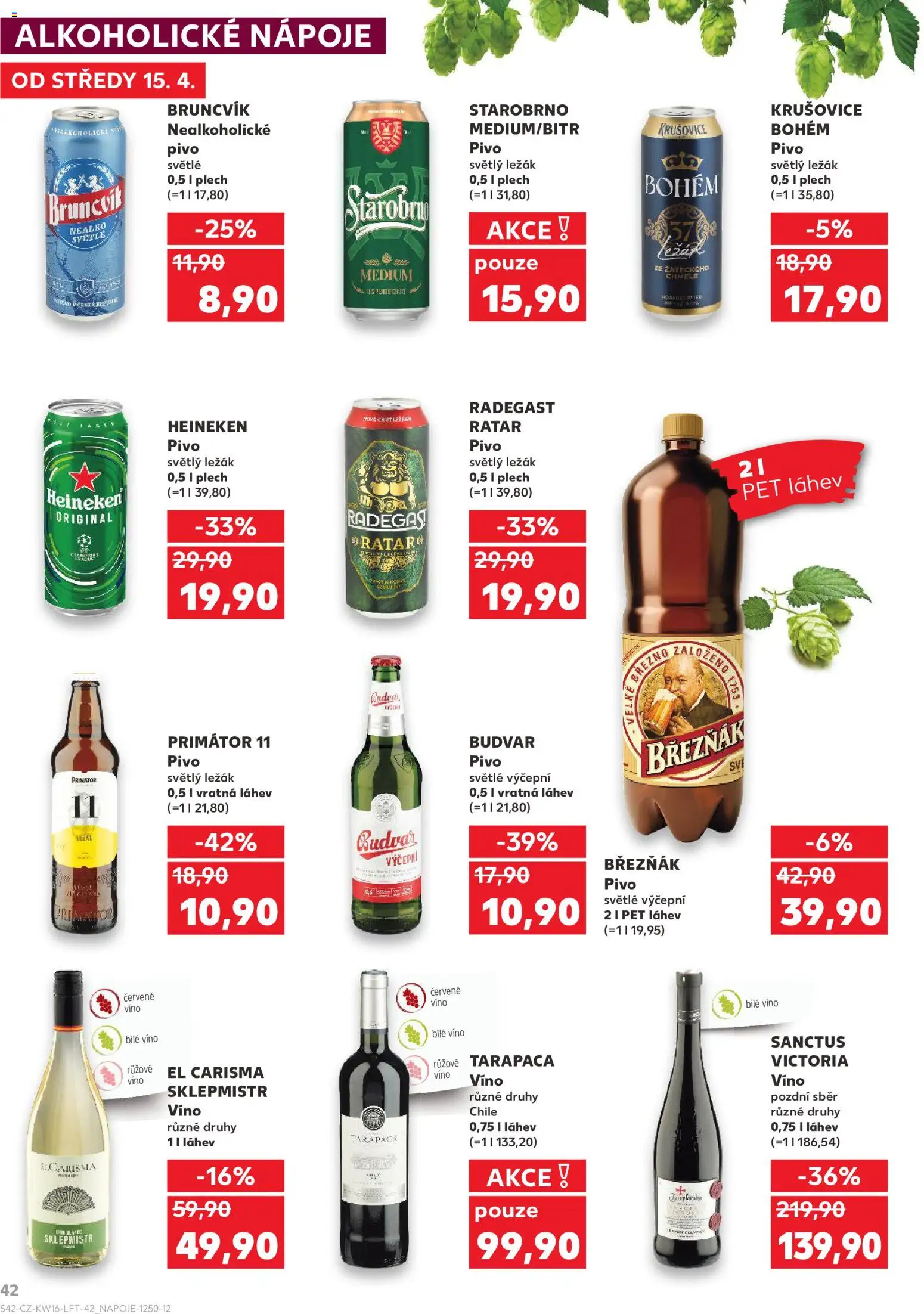 Kaufland leták - Brno od 15.04.2026 | Strana: 42 | Produkty: Bílé víno, Plech, Radegast, Krušovice