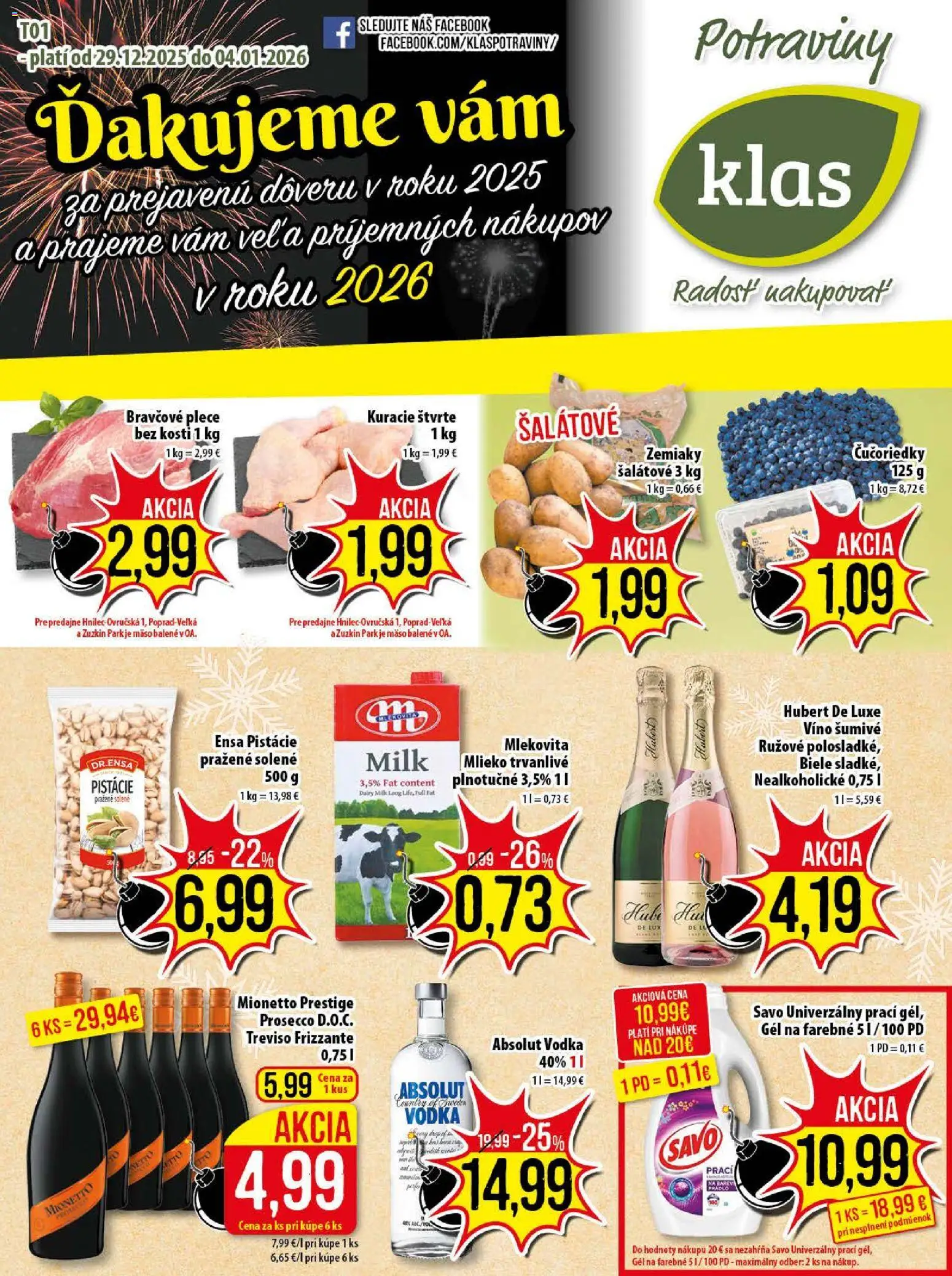 Nové Klas akcie – leták je platný od 29.12.2025 | Strana: 1 | Produkty: Víno, Prosecco, Čučoriedky, Absolut vodka