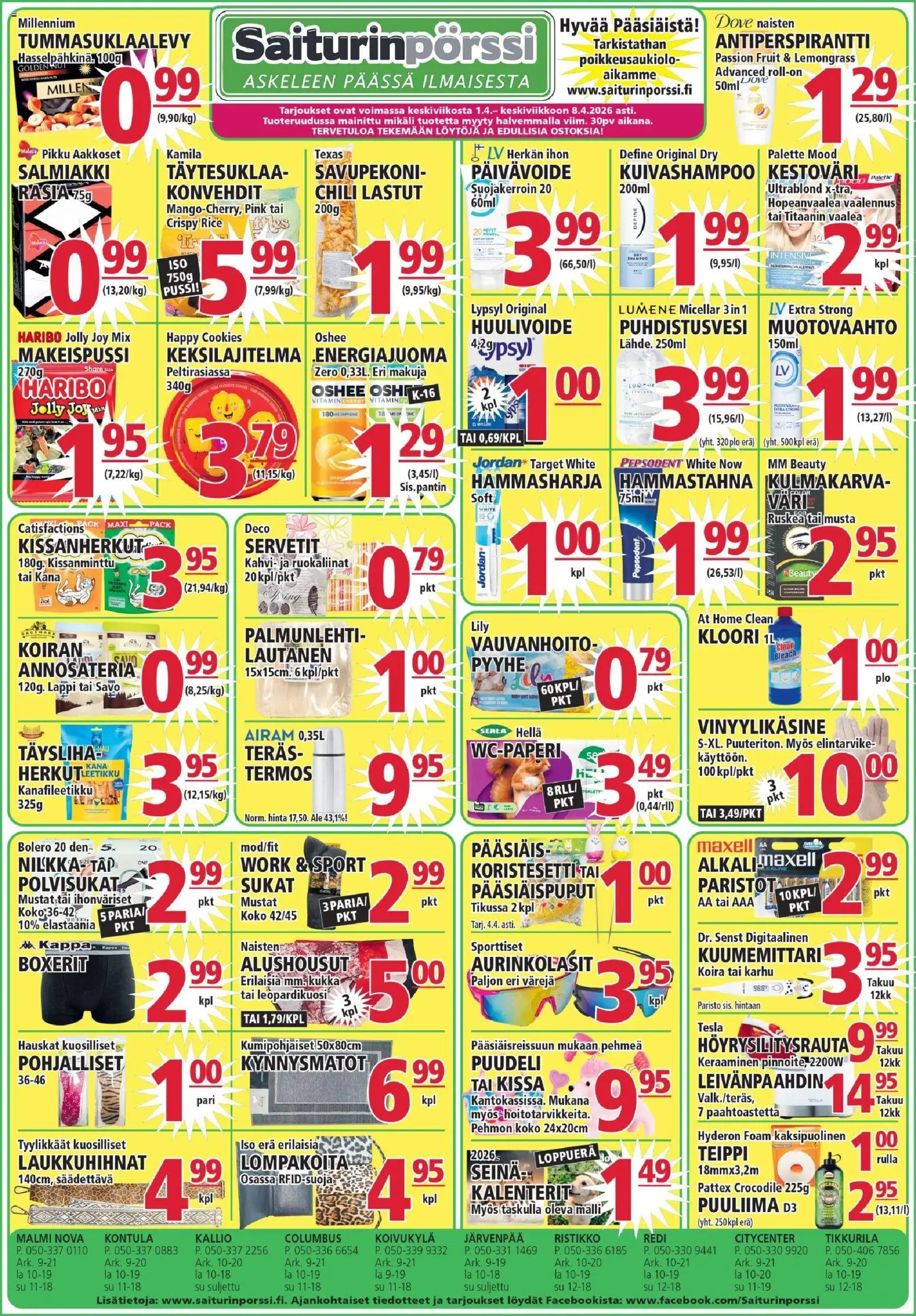 Saiturinpörssi tarjoukset – voimassa 01.04.2026 alkaen | Sivu: 1 | Tuotteet: Kana, Hammasharja, Sukat, Kahvi