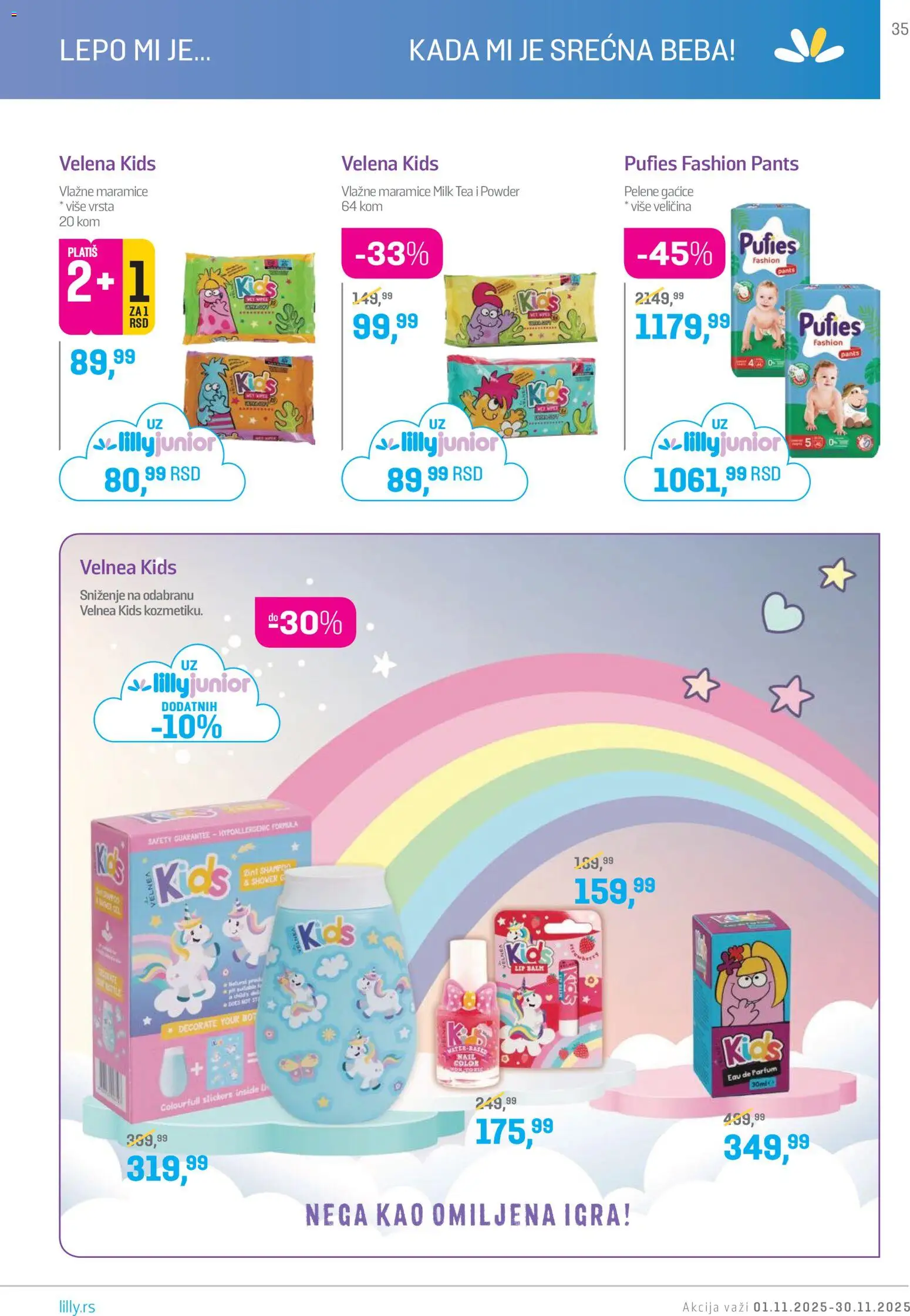 Lilly drogerie katalog - važi od 01.11.2025 | Strana: 35 | Proizvode: Gaćice, Vlažne maramice, Pelene