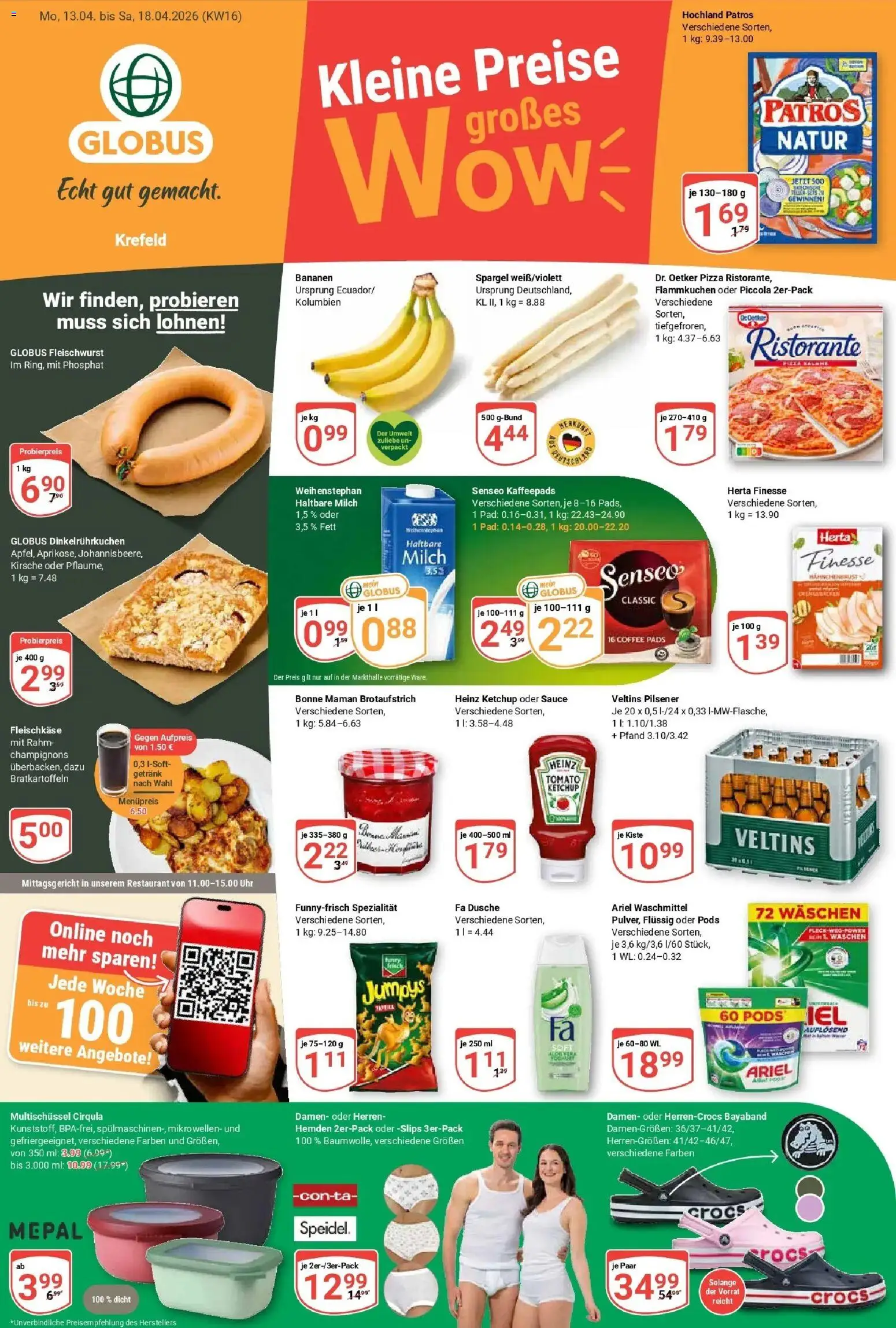 Globus Prospekt Krefeld	 – gültig ab 12.04.2026 | Seite: 1 | Produkte: Haltbare milch, Bananen, Pizza, Bonne maman