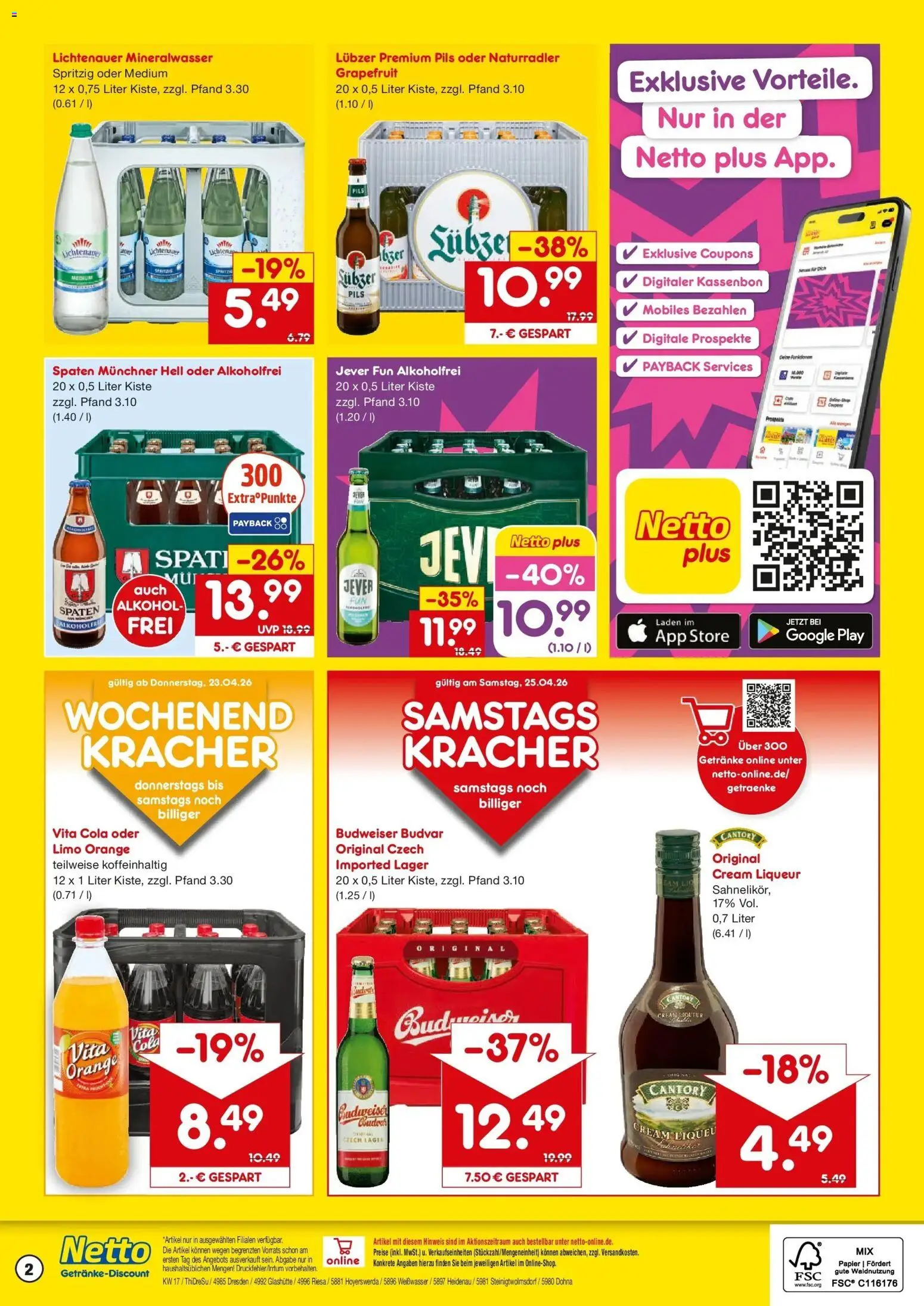 Netto Marken-Discount Prospekt Dohna	 – gültig ab 20.04.2026 | Seite: 2 | Produkte: Mineralwasser, Grapefruit, Vita cola, Budweiser