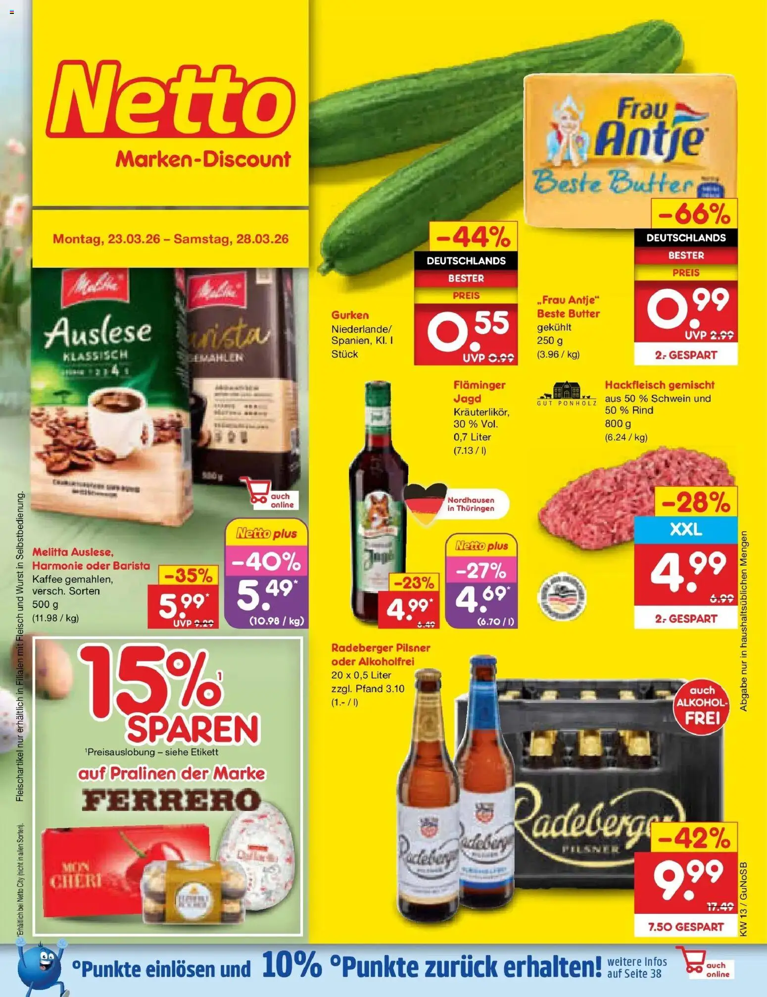 Netto Marken-Discount Prospekt Machern	 – gültig ab 23.03.2026 | Seite: 1 | Produkte: Melitta, Butter, Fleisch, Gurken