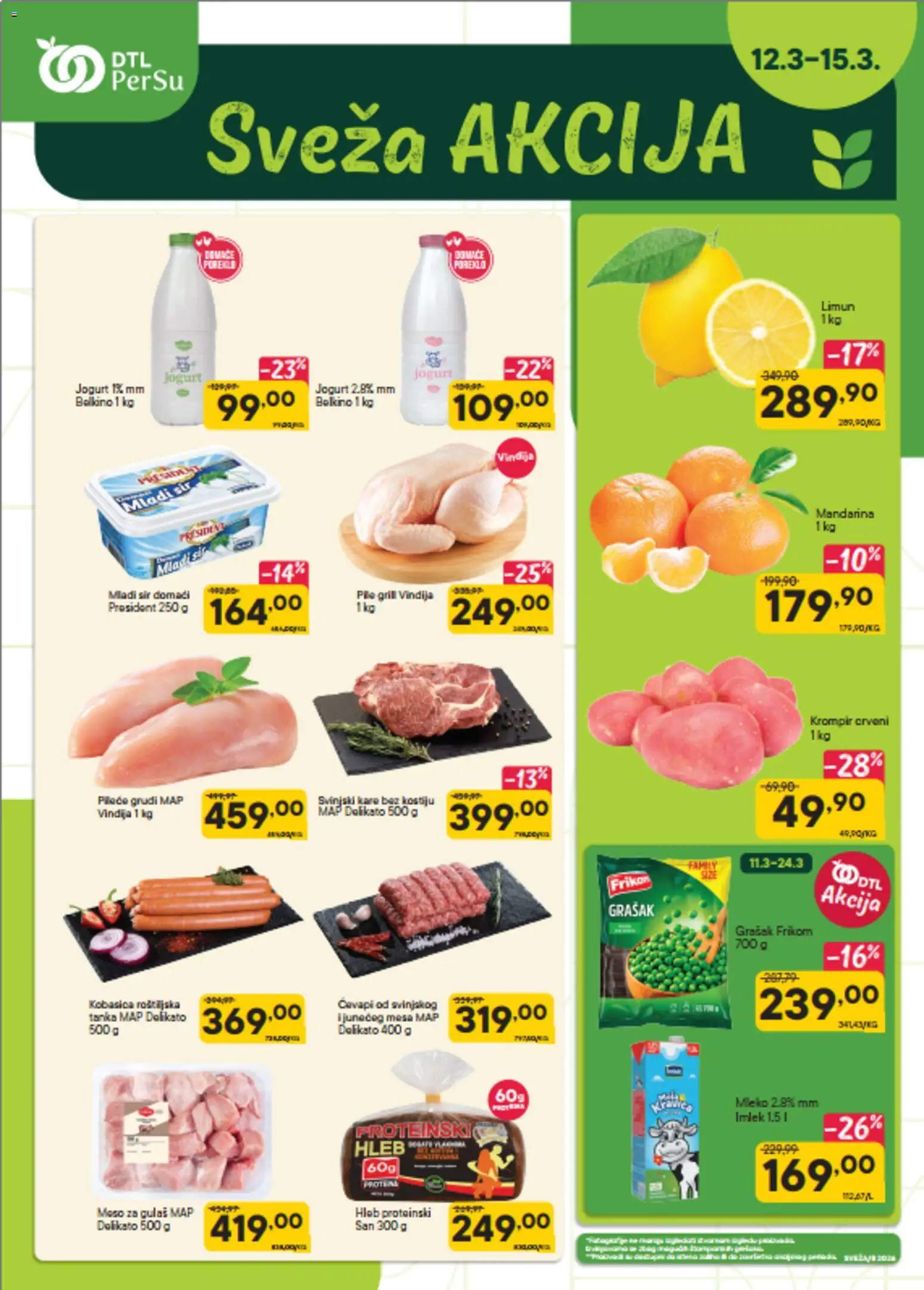 PerSu katalog - važi od 12.03.2026 | Strana: 1 | Proizvode: Svinjski kare, Sir, Hleb, Kobasica