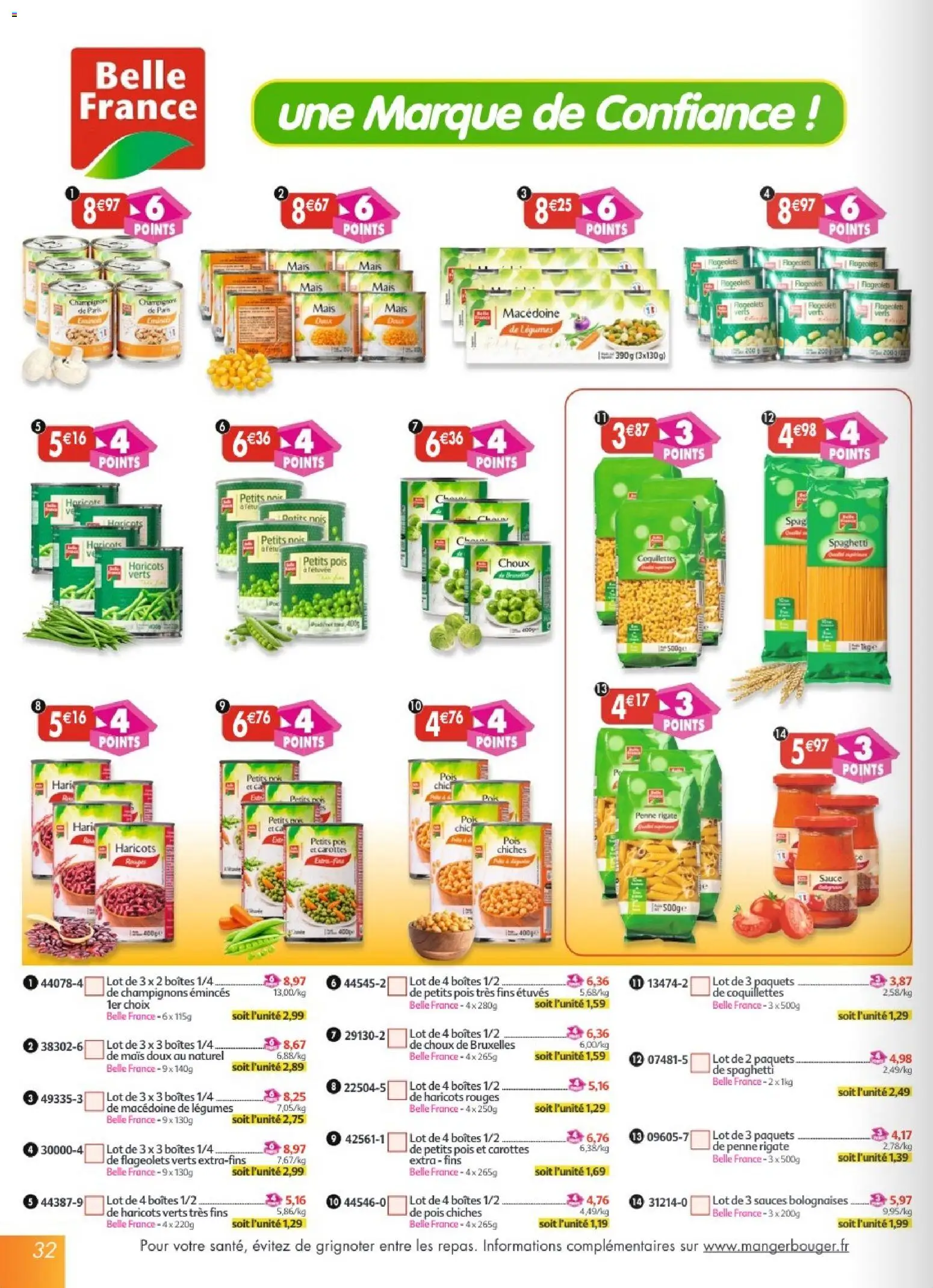 {H1} | Page: 32 | Produits: Spaghetti, Mais, Haricots verts, Pois chiches