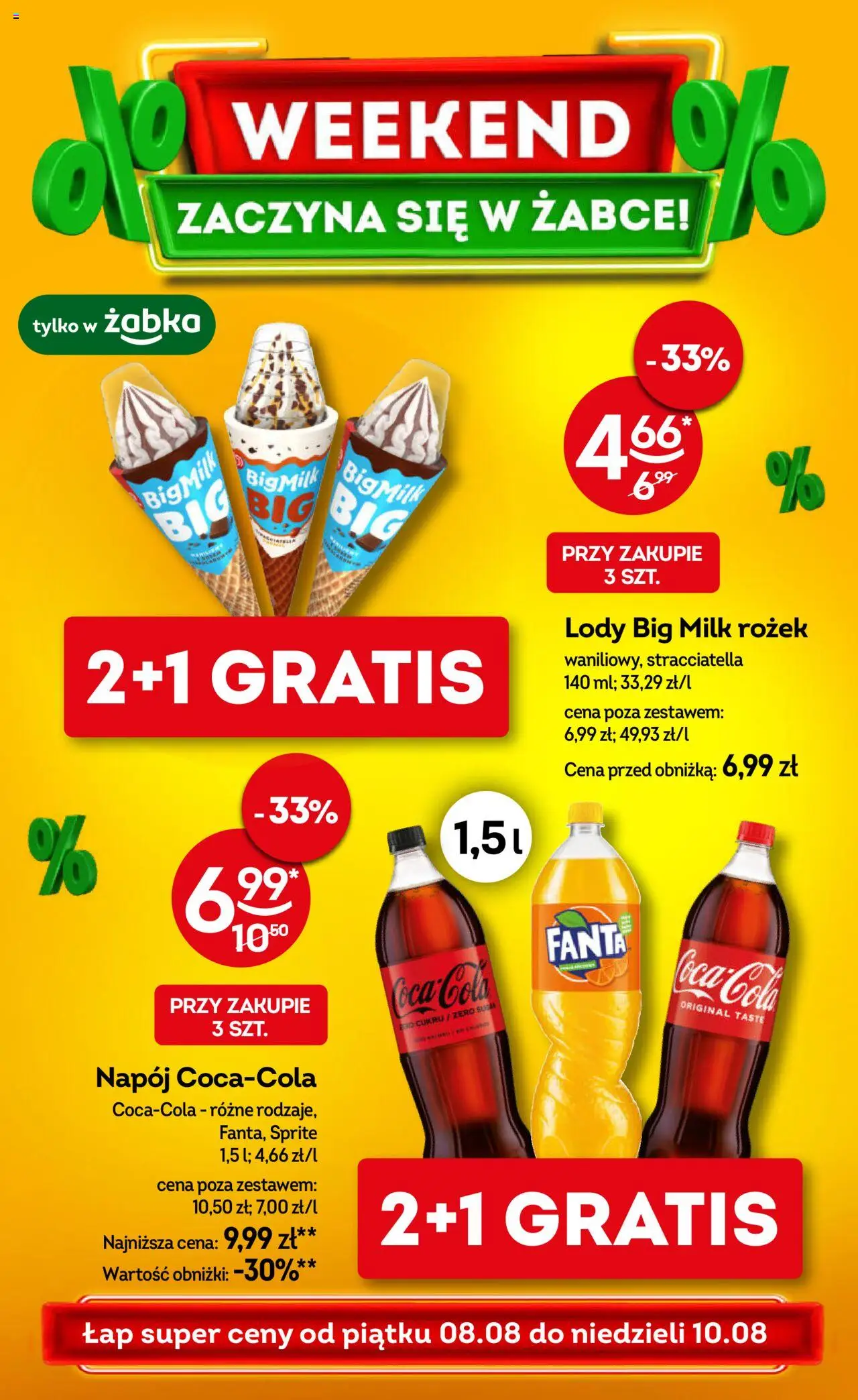 Żabka Gazetka - Weekendowe promocje od 08.08.2025 | Strona: 1 | Produkty: Sprite, Big Milk, Lody