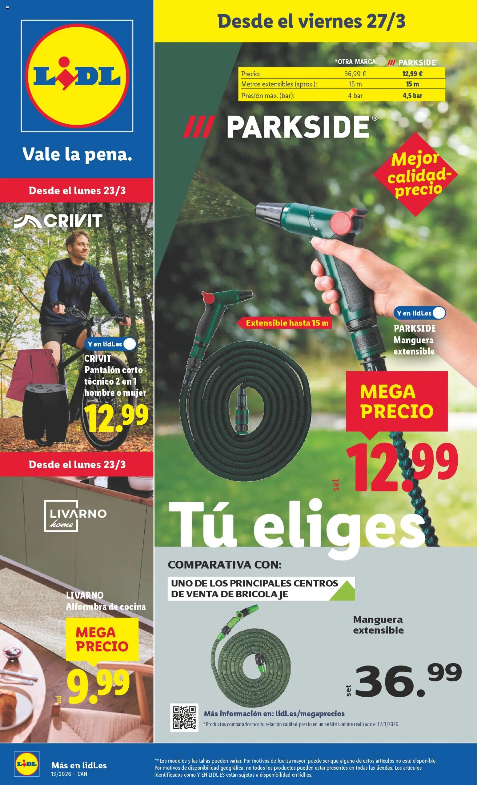 Lidl folleto de bazar │ válido desde el 23.03.2026 | Página: 1 | Productos: Manguera, Cocina, Pantalón corto, Alfombra