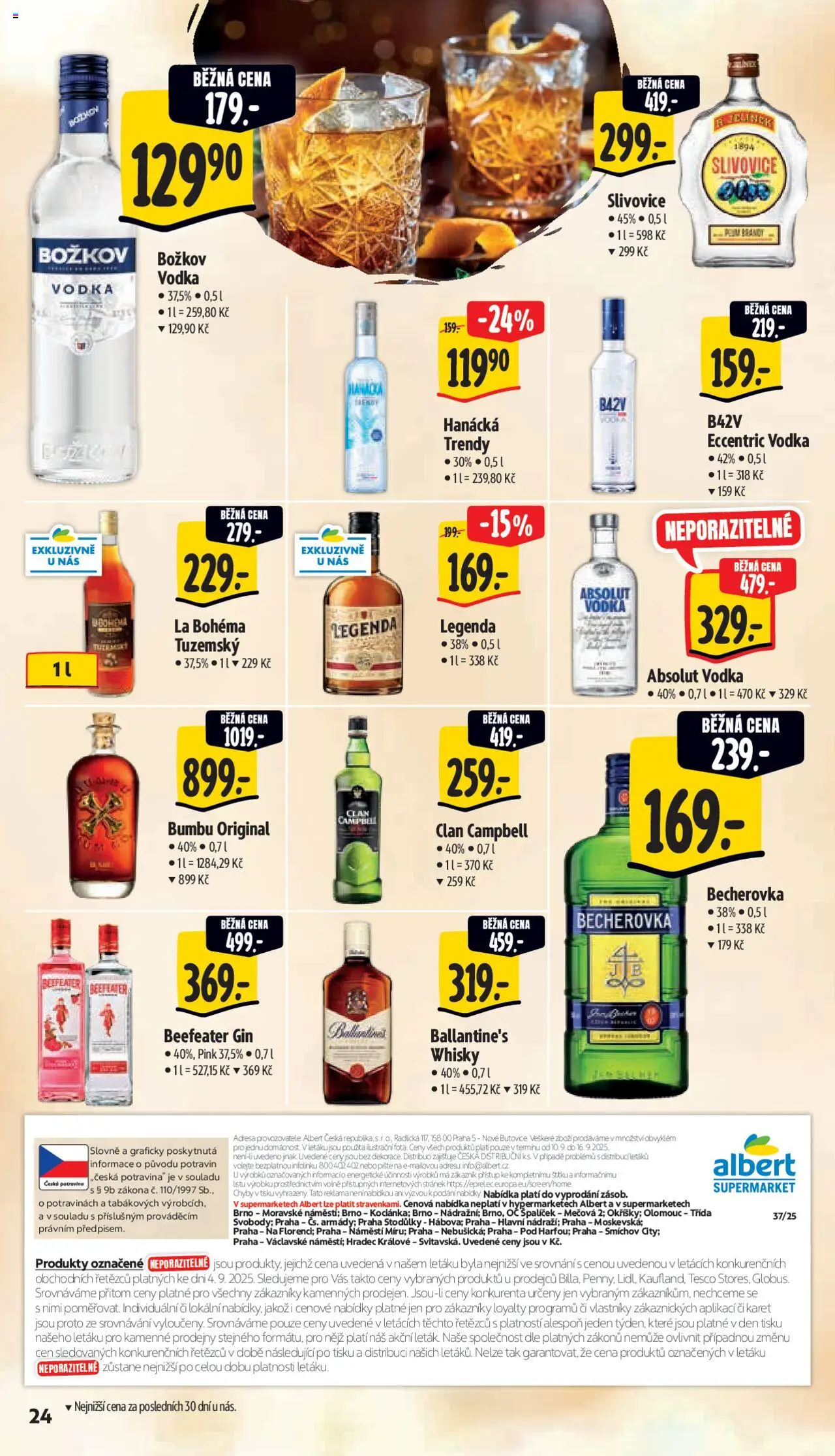 Albert leták - Supermarket od 10.09.2025 | Strana: 30 | Produkty: Ballantine's, Becherovka, Beefeater, Absolut vodka
