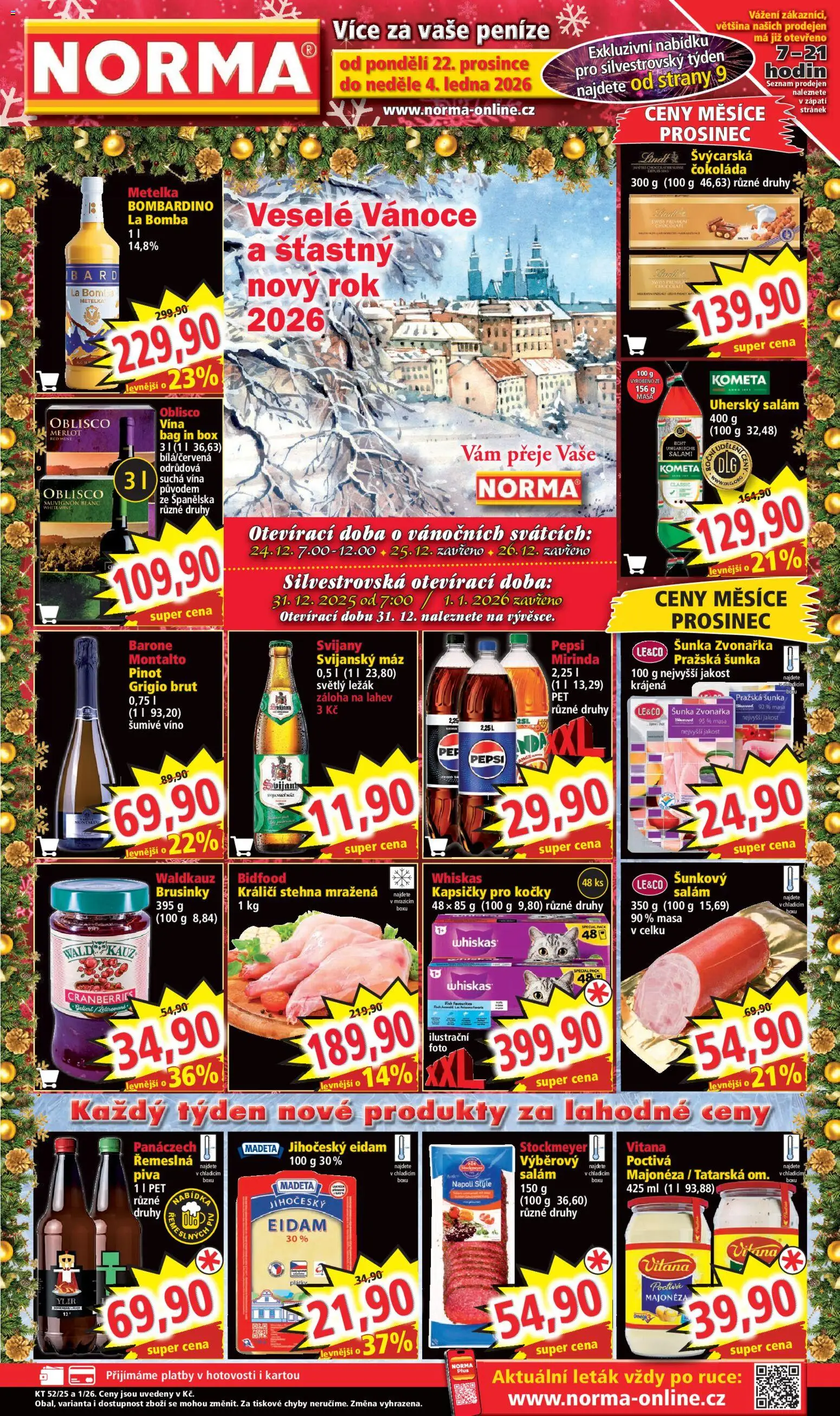 Norma leták od 22.12.2025 | Strana: 1 | Produkty: Čokoláda, Merlot, Mirinda, Láhev