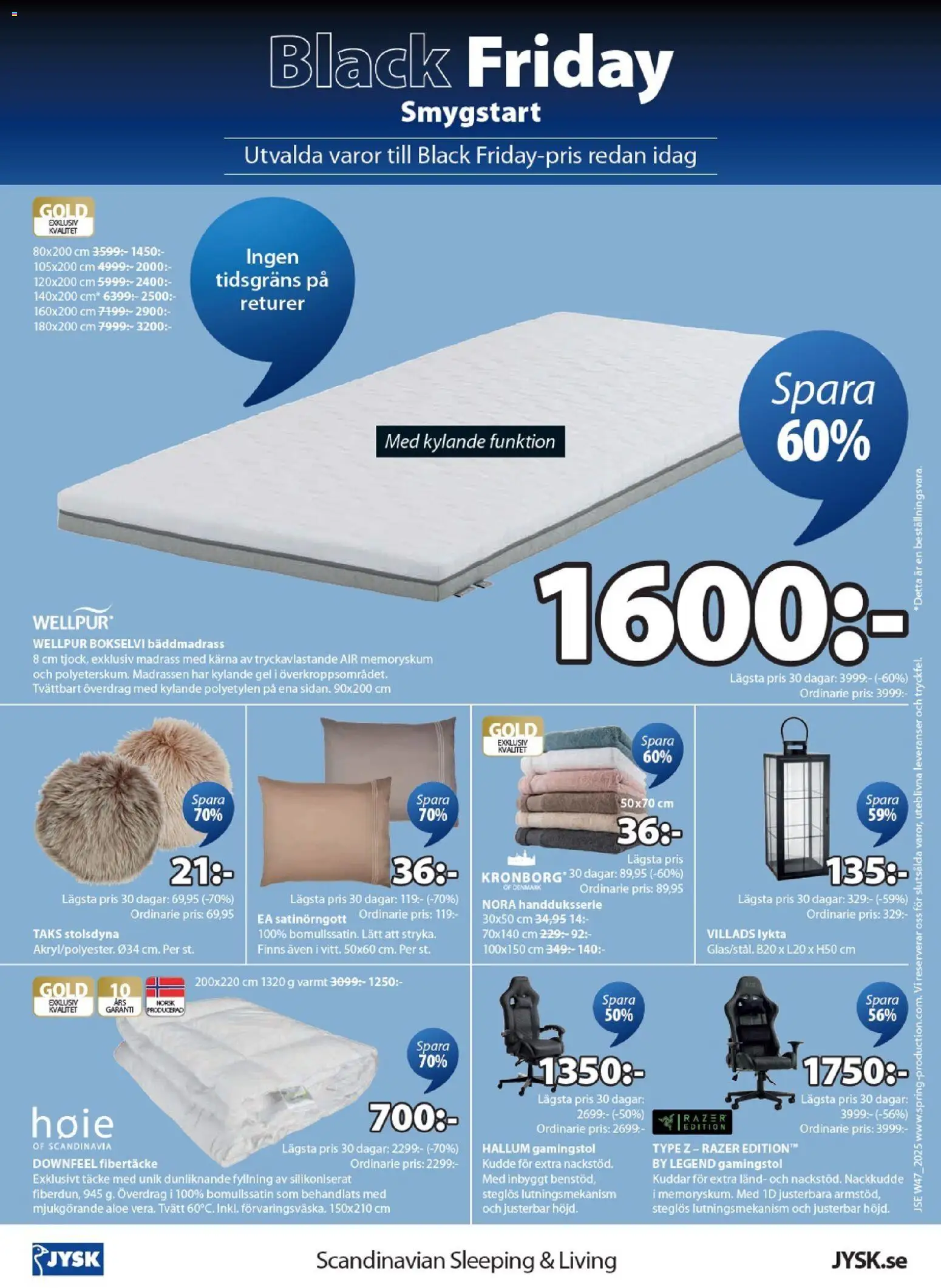 JYSK reklamblad aktuell från 17.11.2025 | Sida: 8 | Produkter: Gamingstol, Lykta, Bäddmadrass, Täcke
