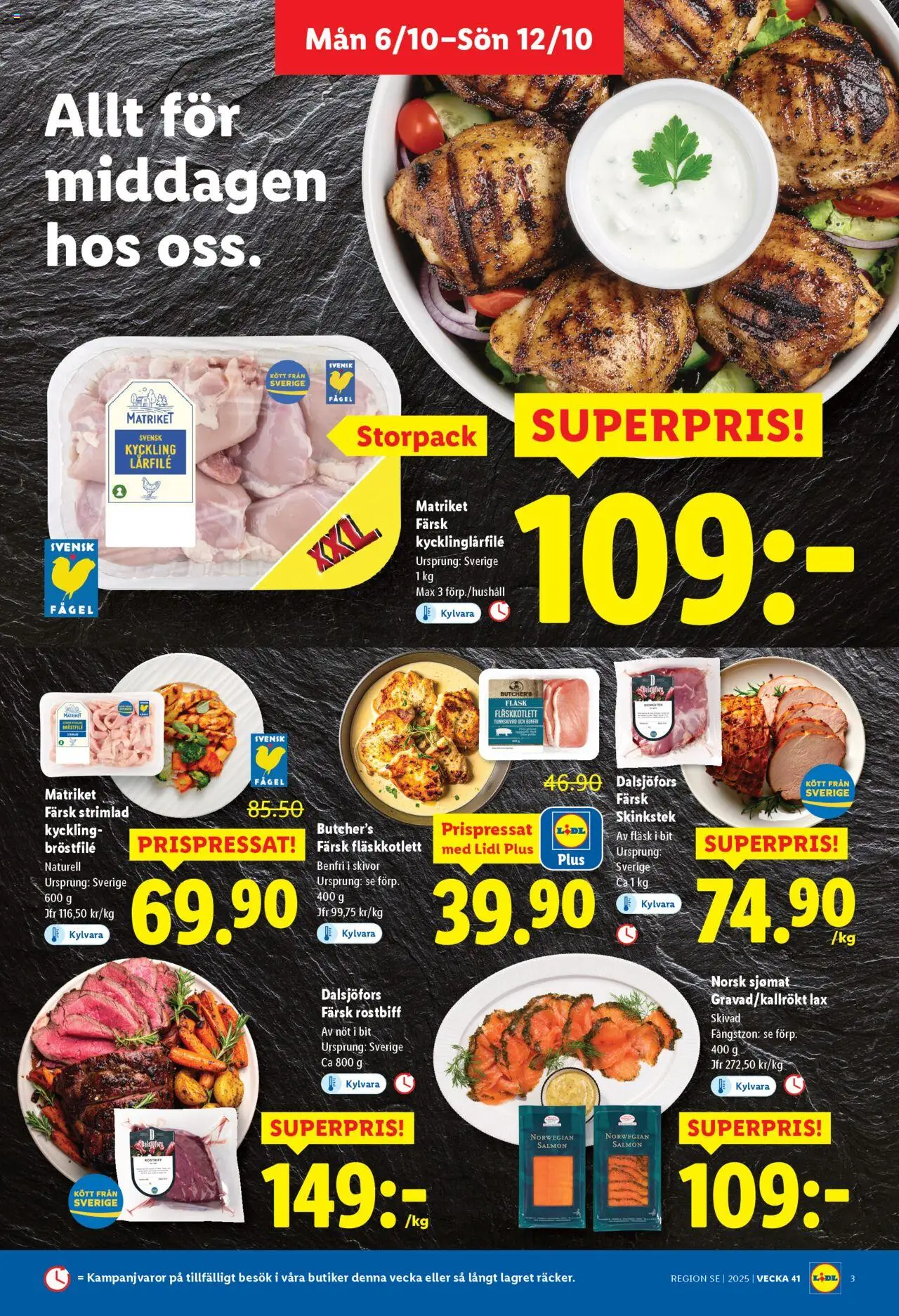 Lidl reklamblad aktuell från 06.10.2025 | Sida: 3 | Produkter: Lax, Fläsk