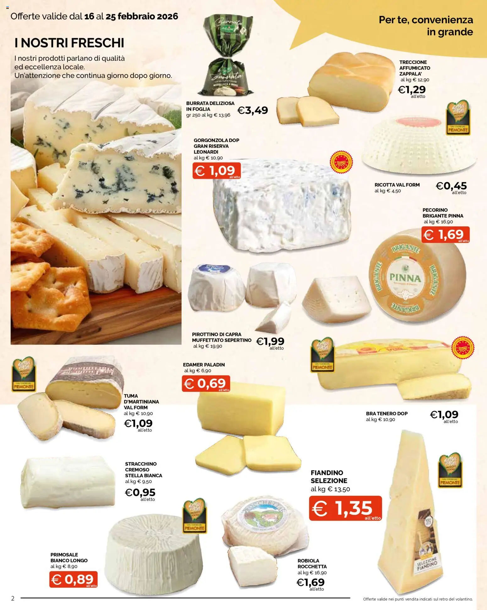 Volantino Mercatò del 16.02.2026 | Pagina: 2 | Prodotti: Stracchino, Gorgonzola, Robiola, Burrata