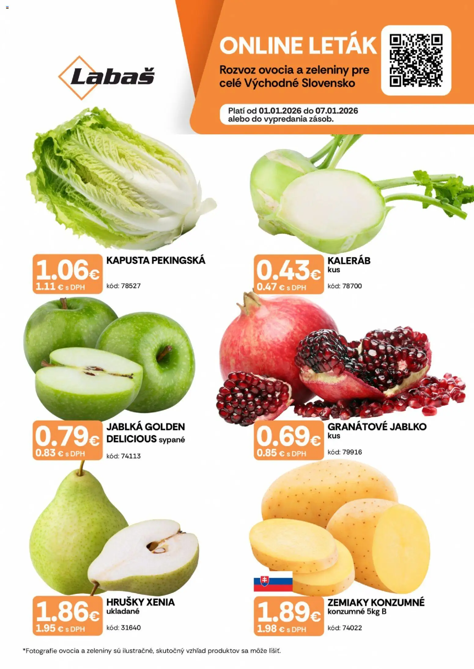 Nové Labaš akcie – leták je platný od 01.01.2026 | Strana: 1 | Produkty: Kapusta, Jablká, Zemiaky, Hrušky