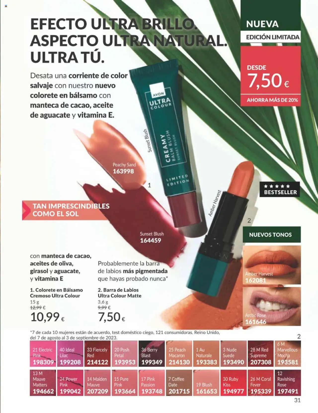 Catálogo AVON campaña 7 │ válido desde el 01.07.2025 | Página: 31 | Productos: Colorete, Manteca, Aceite, Barra de labios
