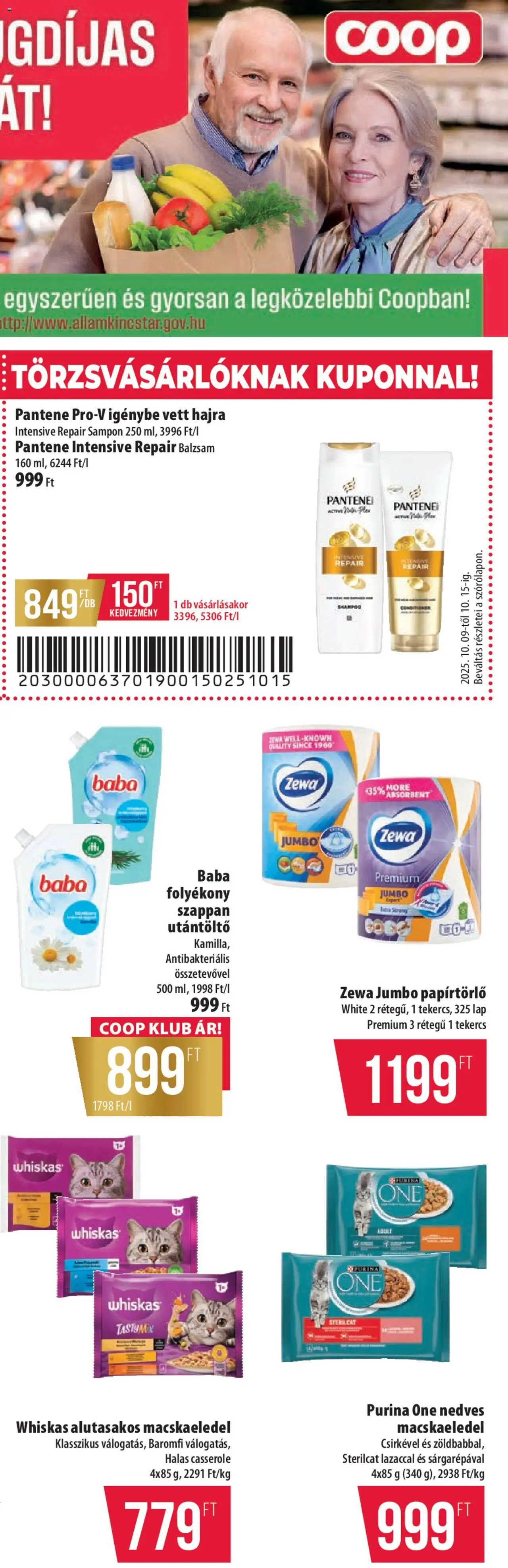 COOP akciós ujság - amely érvényes a következő dátumtól: 09.10.2025 | Oldal: 19 | Termékek: Purina one, Whiskas, Sampon, Szappan