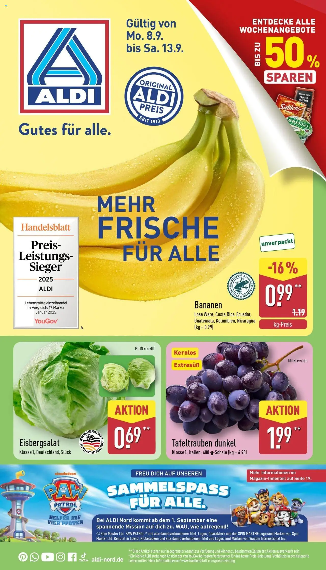 Aldi Prospekt Hildburghausen – gültig ab 07.09.2025 | Seite: 1 | Produkte: Bananen, Eisbergsalat, Bresso