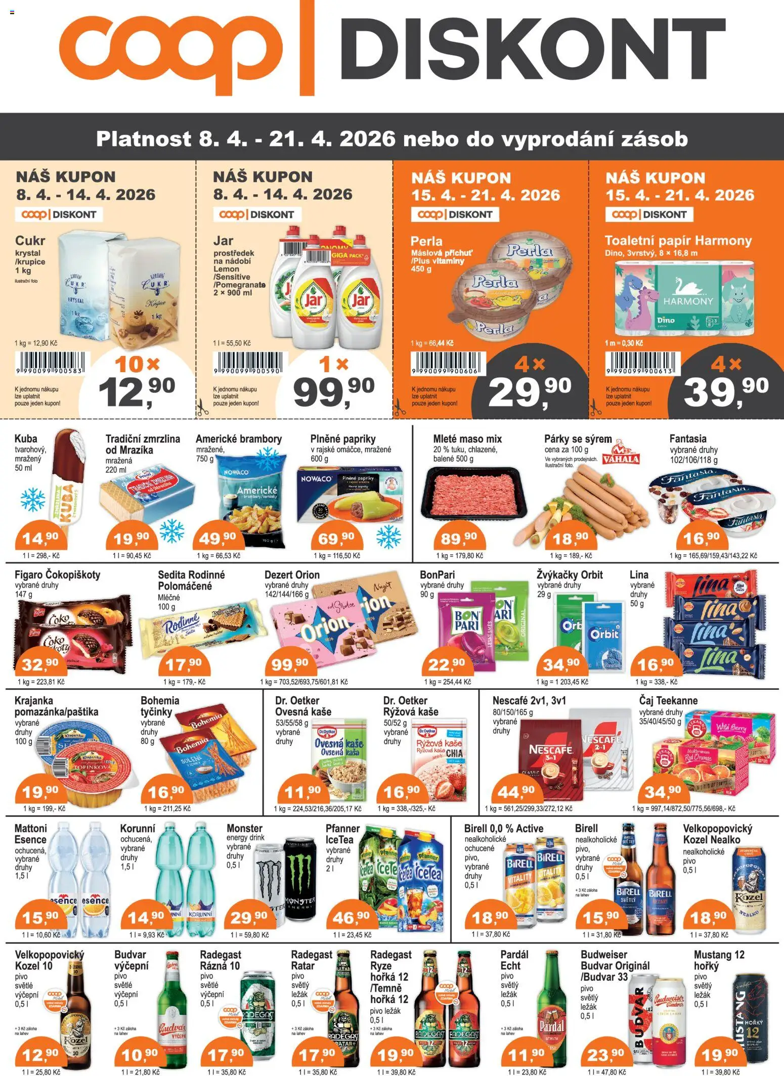 Konzum leták od 08.04.2026 | Strana: 1 | Produkty: Ovesná kaše, Perla, Lina, Energy drink