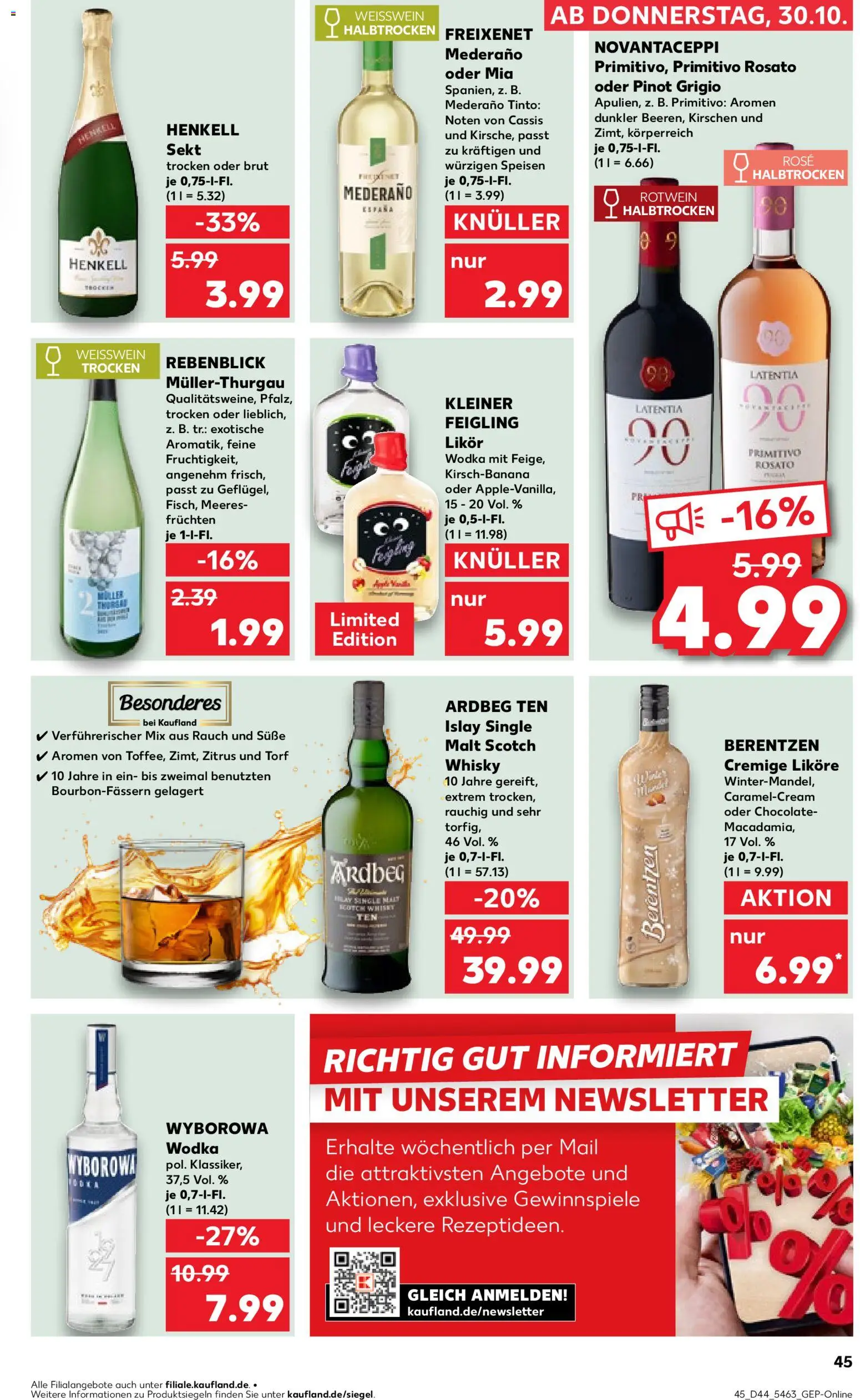 Kaufland prospekt Hamburg	 – gültig ab 02.11.2025 | Seite: 45 | Produkte: Rotwein, Kleiner feigling, Weißwein trocken, Wodka