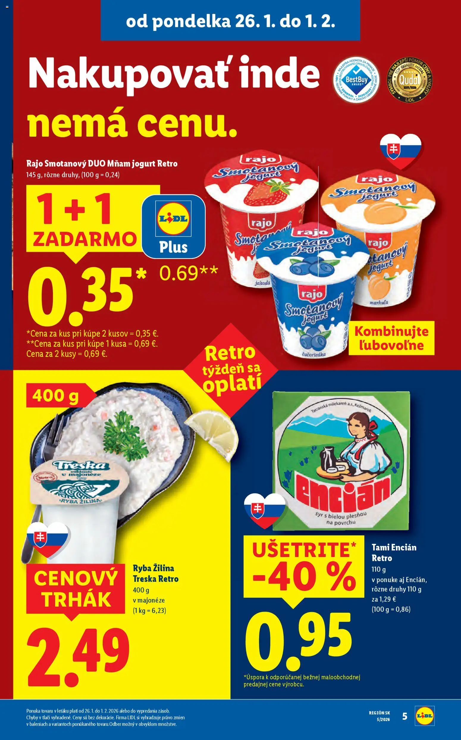 Nové Lidl akcie – leták je platný od 26.01.2026 | Strana: 5 | Produkty: Syr, Jogurt, Encián, Treska