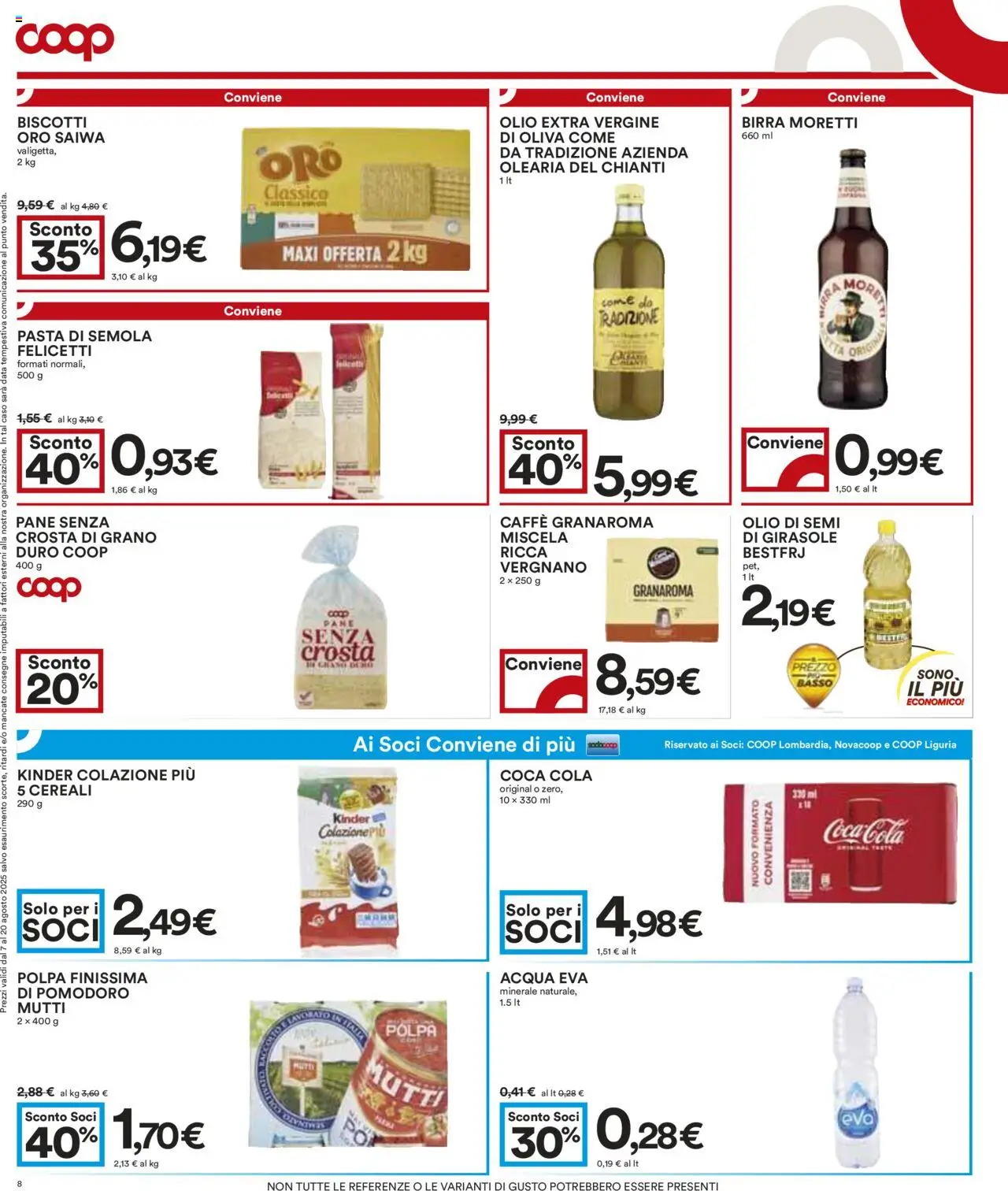 Volantino COOP del 07.08.2025 | Pagina: 8 | Prodotti: Caffè, Cereali, Acqua, Coca Cola
