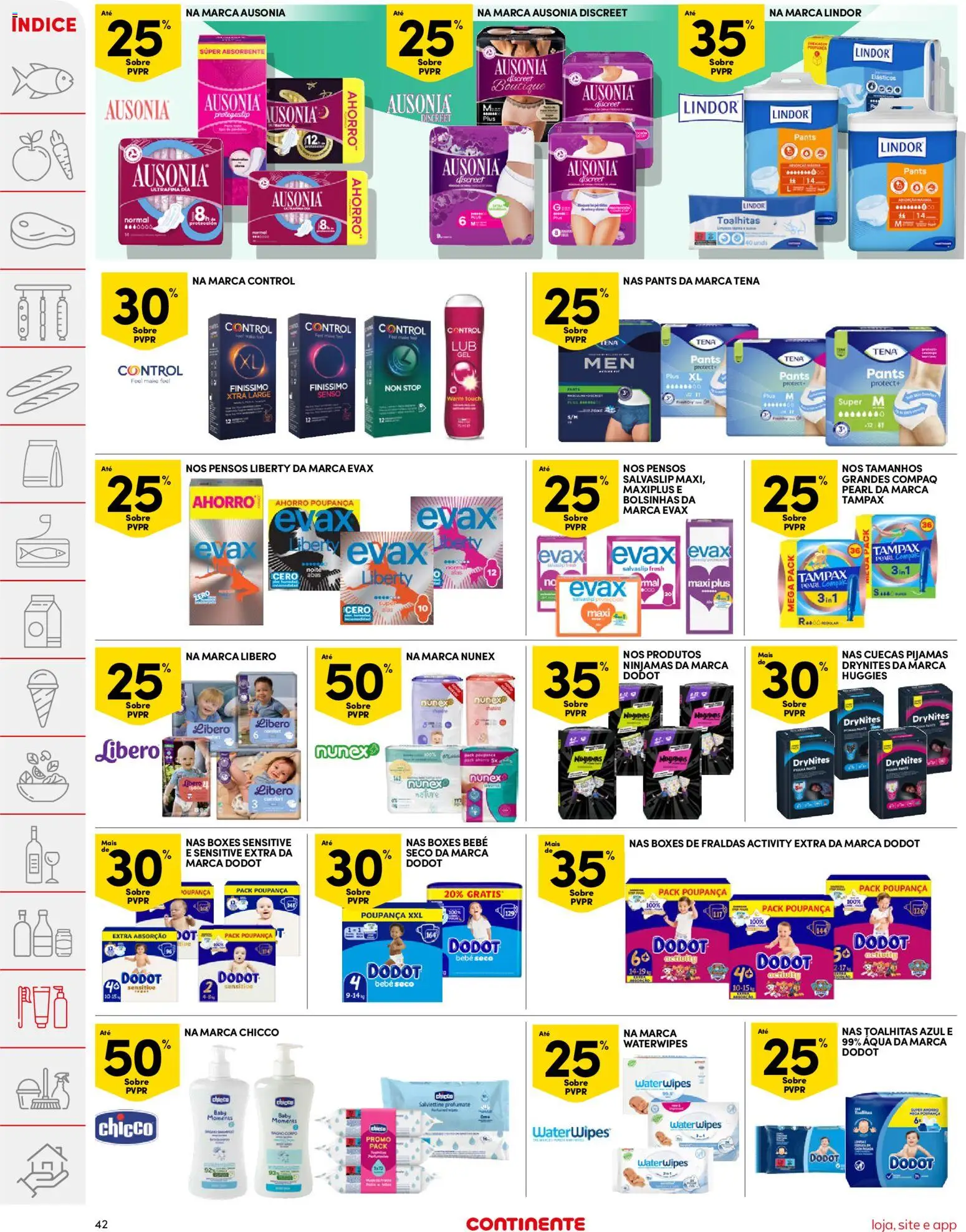 Continente folheto │ válido de 21.04.2026 | Página: 42 | Produtos: Pensos higiénicos, Fraldas, Preservativos, Pijamas