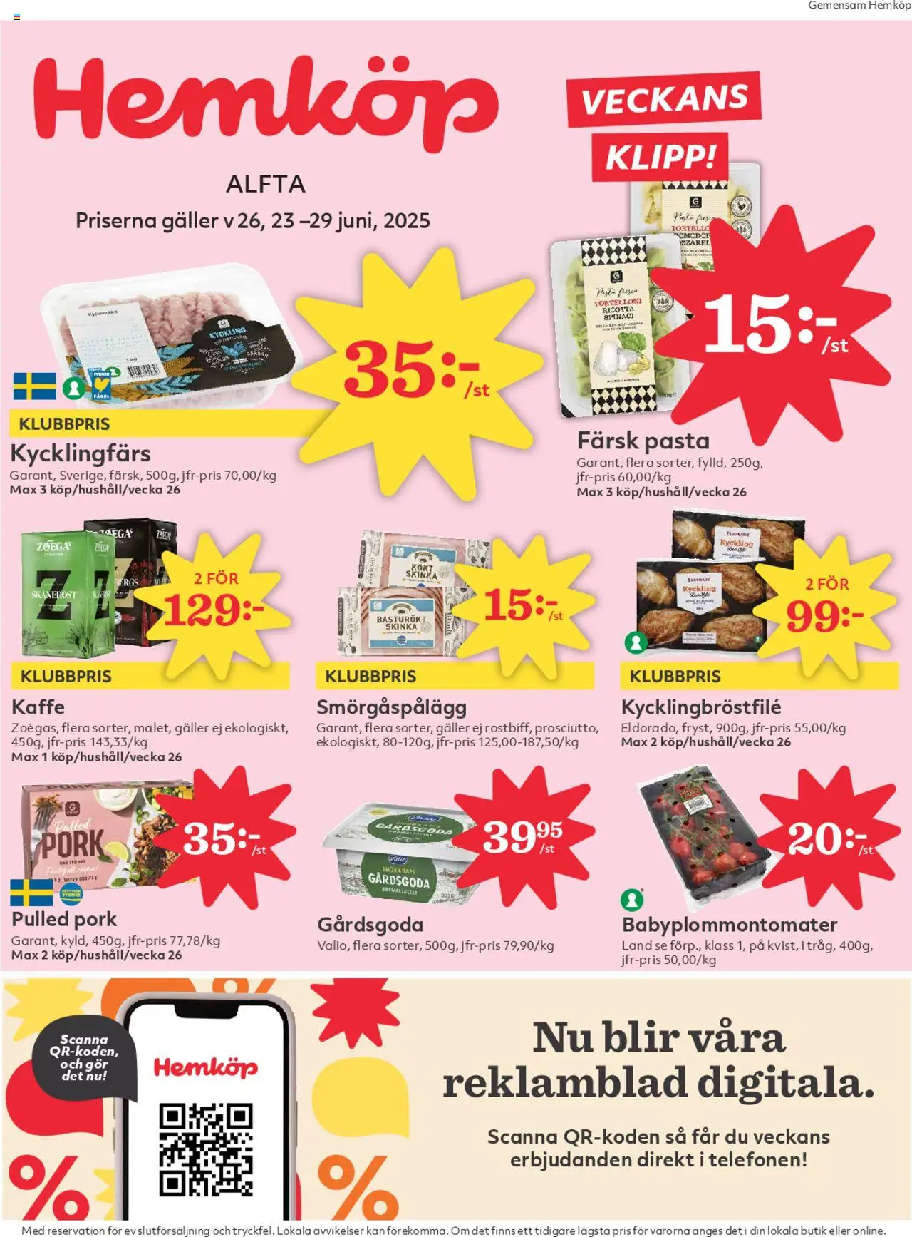 Hemköp reklamblad aktuell från 23.06.2025 | Sida: 1 | Produkter: Galler, Smörgåspålägg, Skinka, Pasta