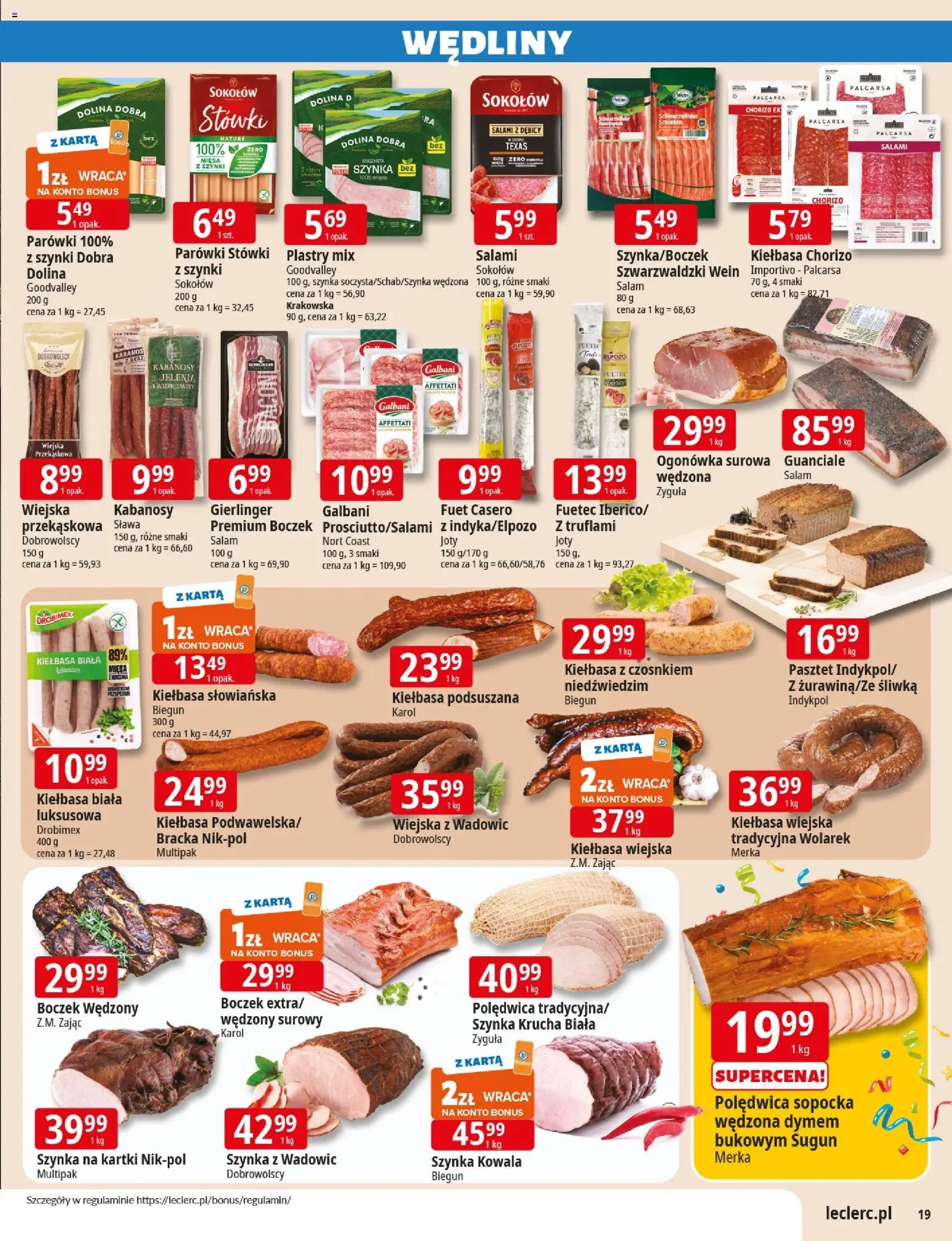 E.Leclerc Gazetka - Wrocław od 04.11.2025 | Strona: 19 | Produkty: Parówki, Boczek wędzony, Kiełbasa Chorizo, Salami
