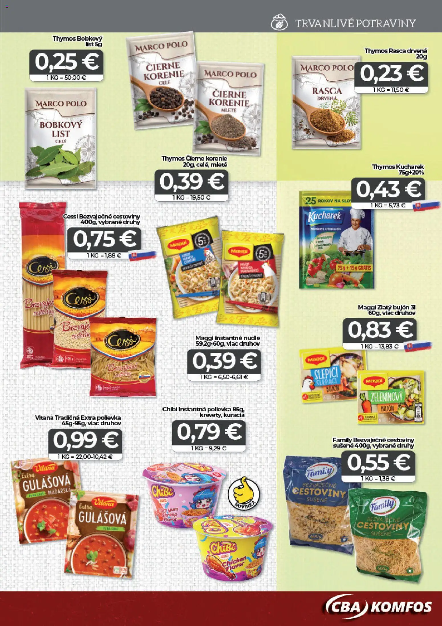 Nové CBA Komfos akcie – leták je platný od 27.03.2026 | Strana: 7 | Produkty: Bujón, Cestoviny, Čierne korenie, Korenie