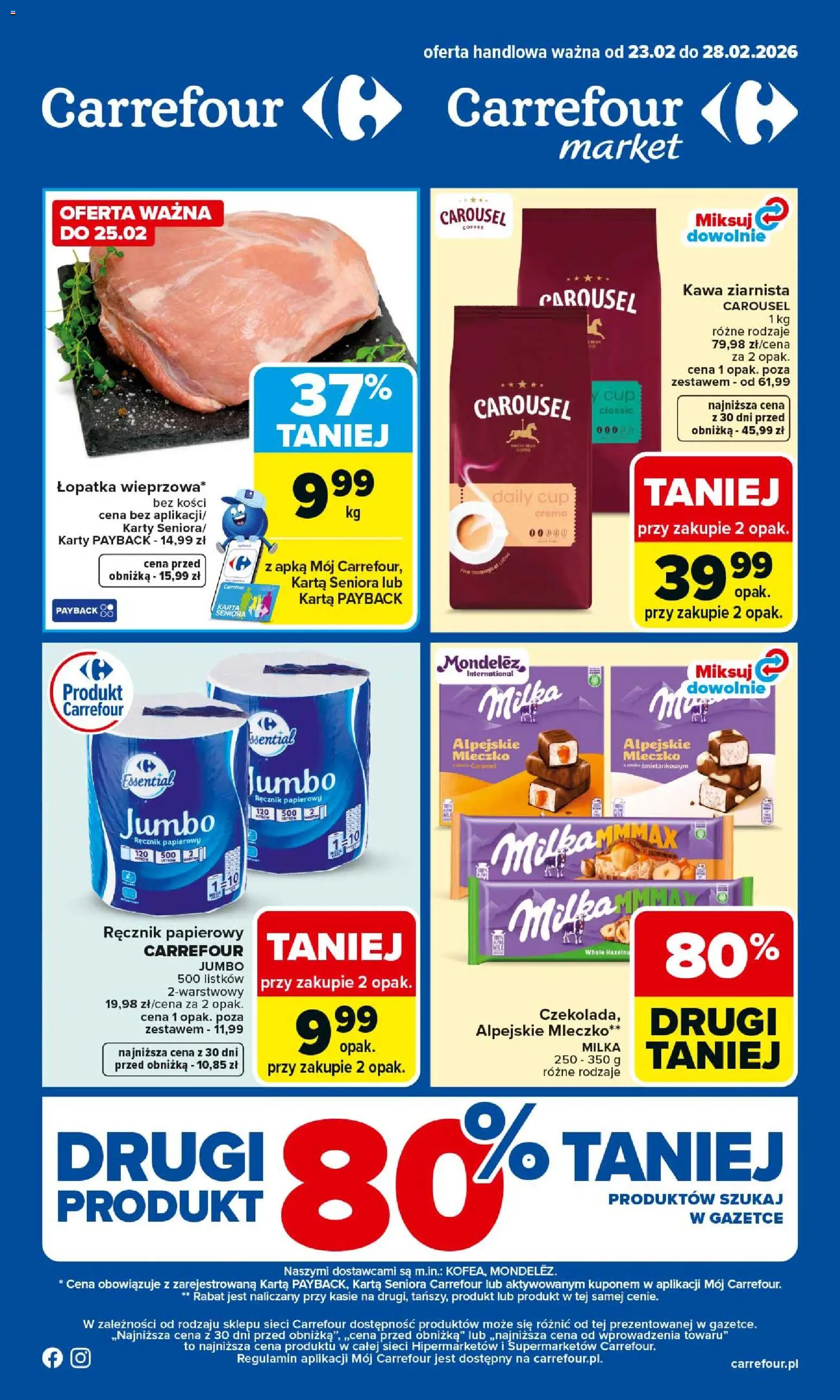 Carrefour Gazetka od 23.02.2026 | Strona: 1 | Produkty: Karta, Milka, Kawa, Ręcznik papierowy