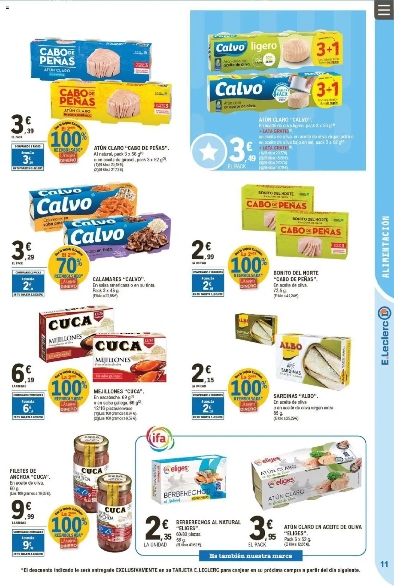 E.Leclerc folleto │ válido desde el 24.09.2025 | Página: 11 | Productos: Calamares, Berberechos, Aceite, Aceite de oliva