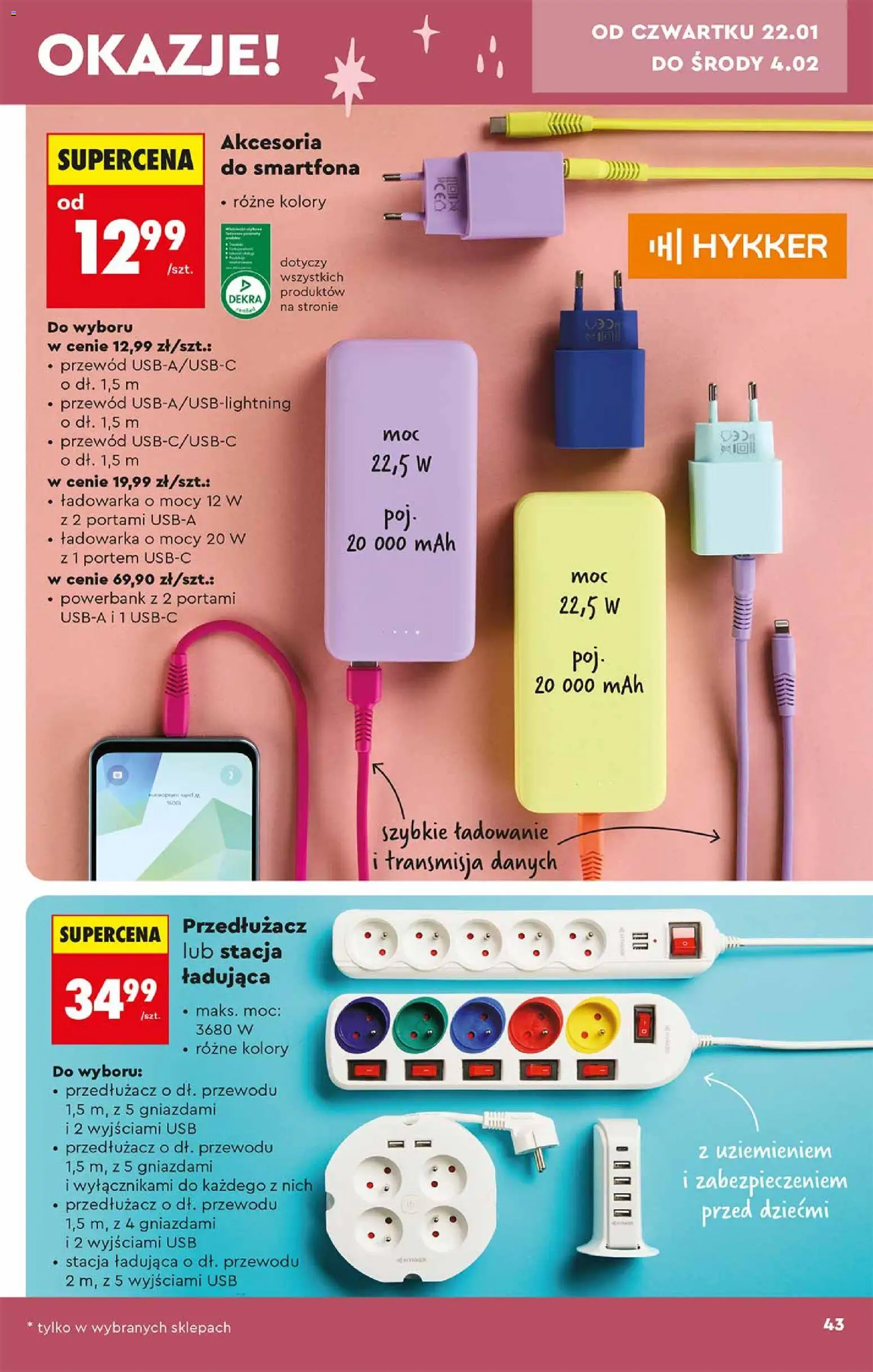 Biedronka gazetka - Hity i inspiracje od 17.01.2026 | Strona: 43 | Produkty: Ładowarka, USB, Powerbank, Przedłużacz