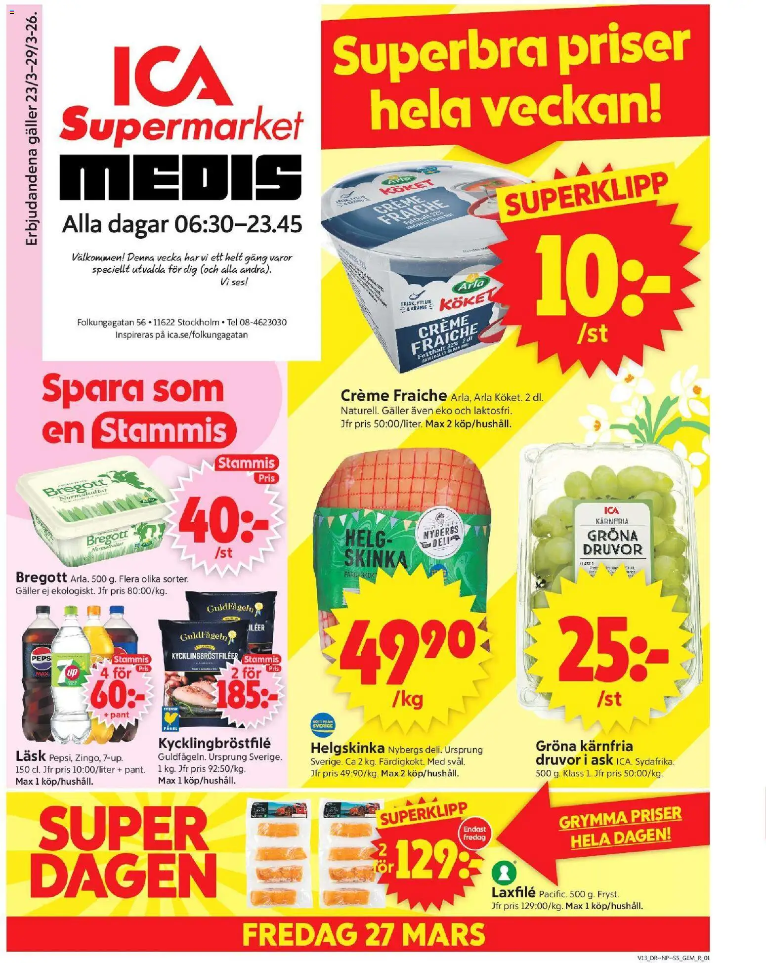 ICA Supermarket reklamblad aktuell från 23.03.2026 | Sida: 1 | Produkter: Gem, Galler, Bregott, Skinka