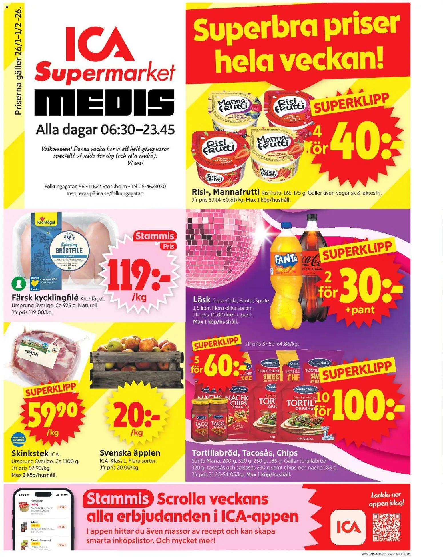 ICA Supermarket reklamblad aktuell från 26.01.2026 | Sida: 1 | Produkter: Tacosås, Fanta, Salami, Äpplen