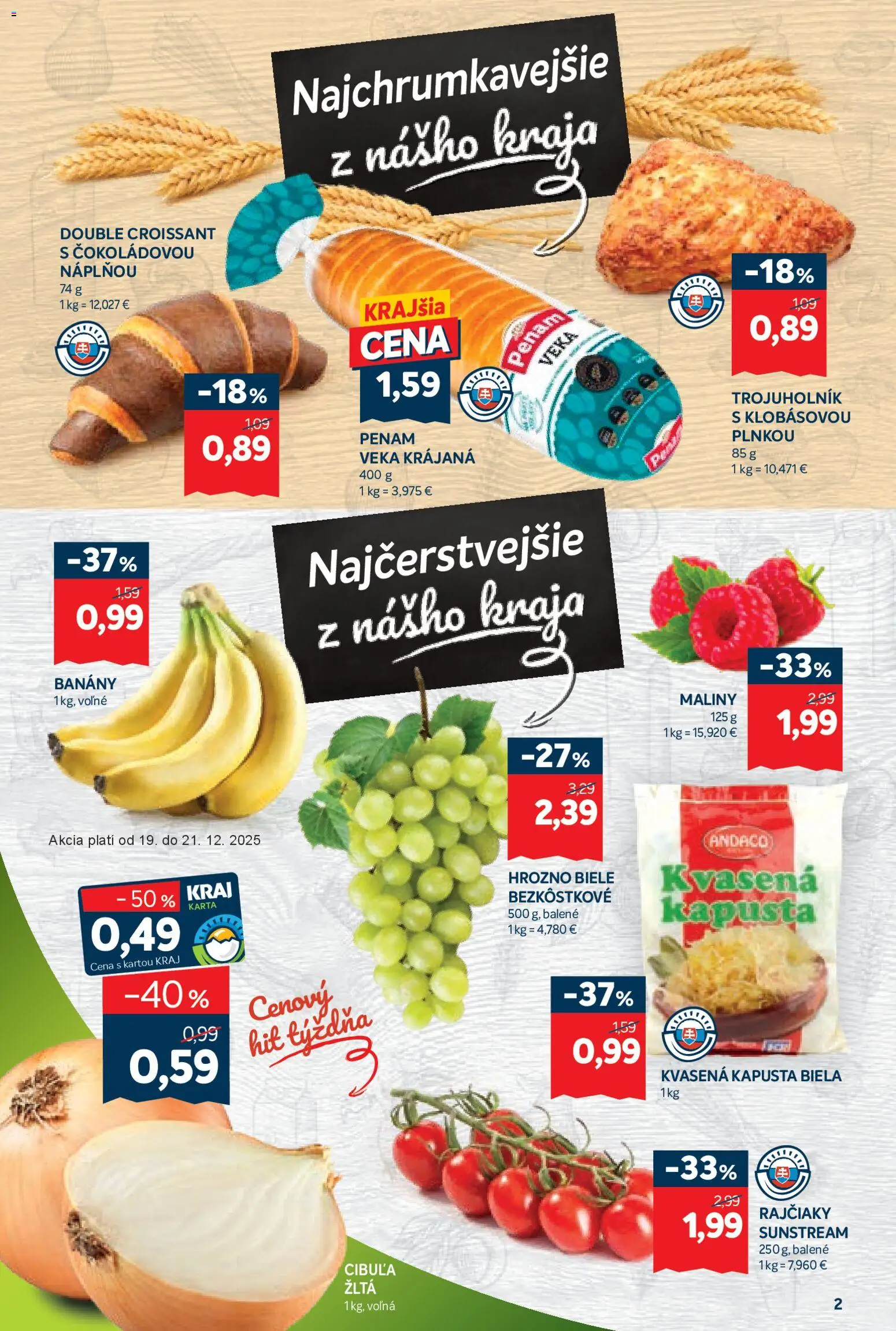 Nové Kraj akcie – leták je platný od 18.12.2025 | Strana: 2 | Produkty: Kapusta, Banány, Hrozno, Maliny